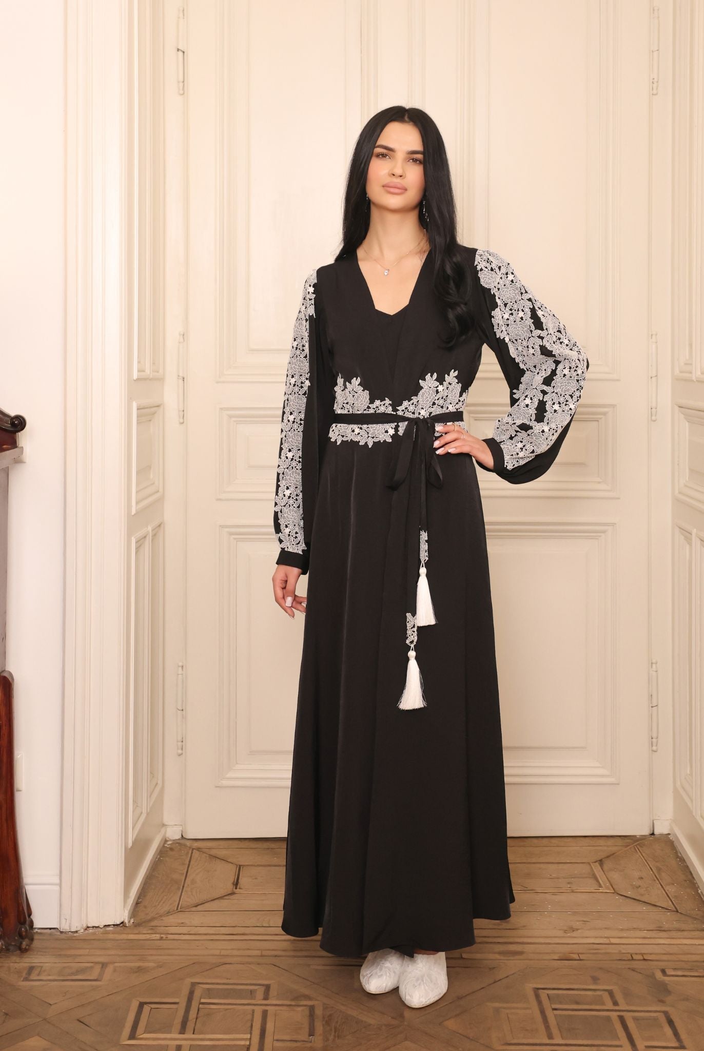 A shot of the Robe and Nightgown Set with a tied belt, emphasizing the balanced structure and lace-detailed sleeves.