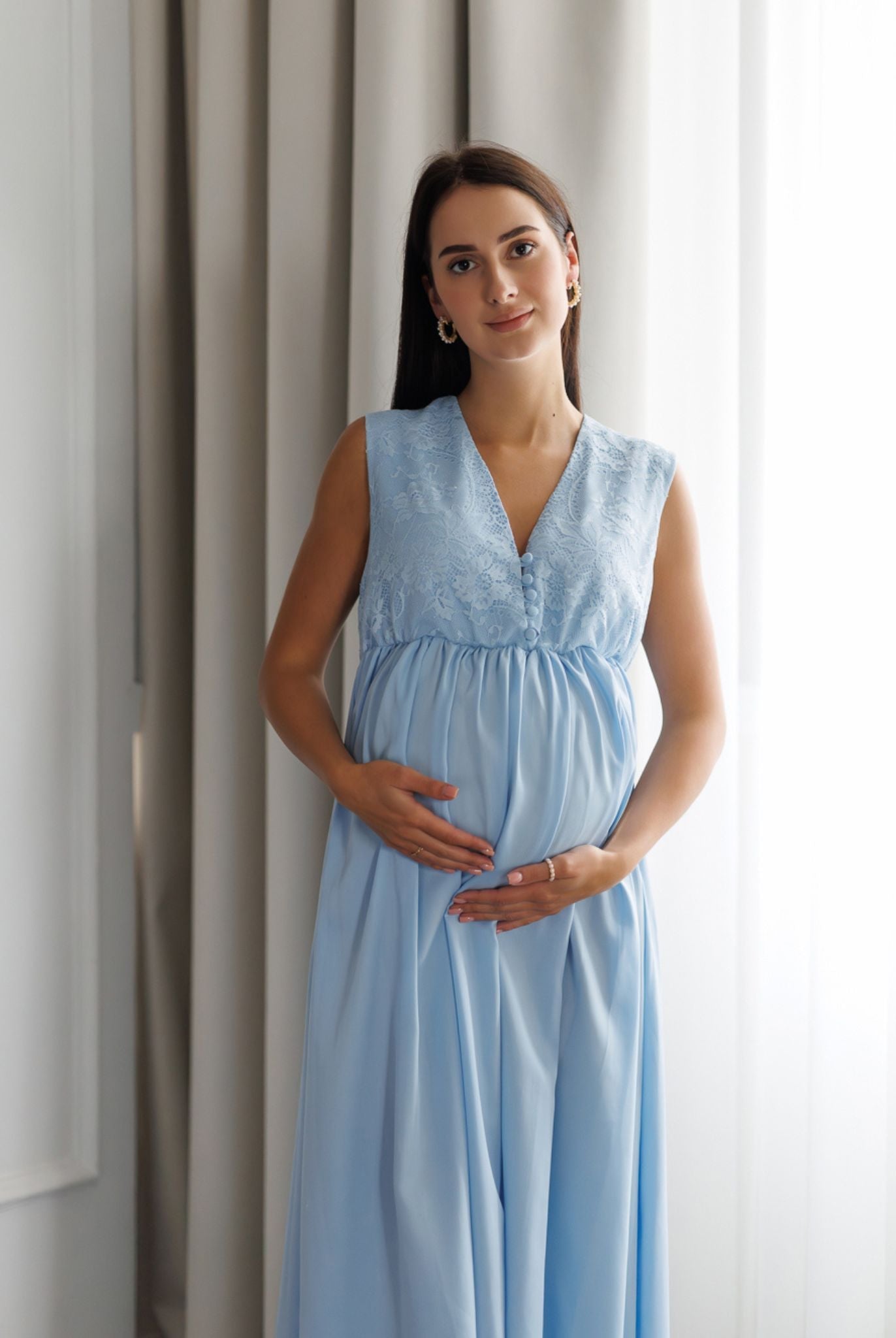 Model in soft blue maternity nightgown with nursing-friendly front opening – Kafemme