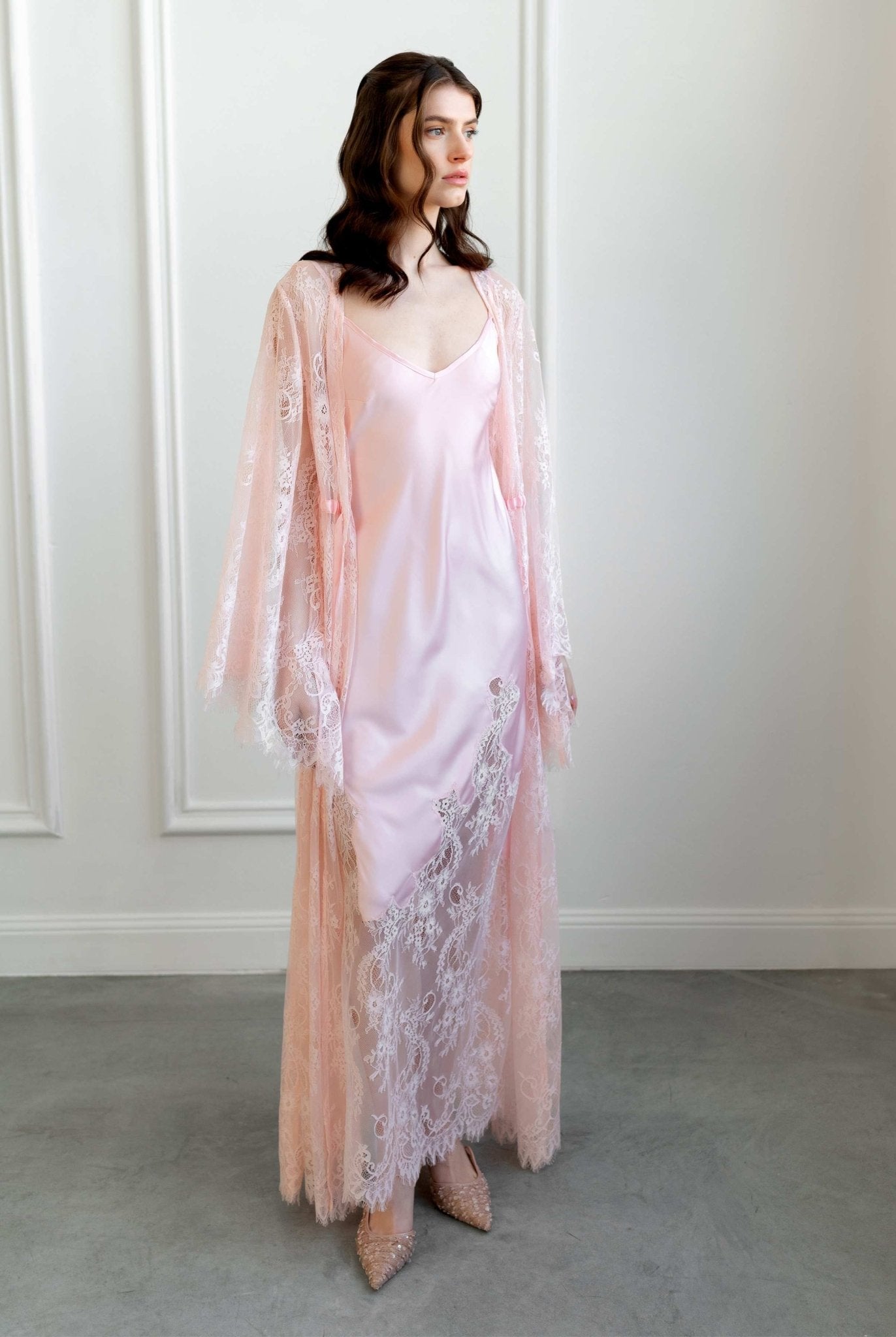 Full-length shot of pink lace robe and nightgown with romantic details - Kafemme Loungewear