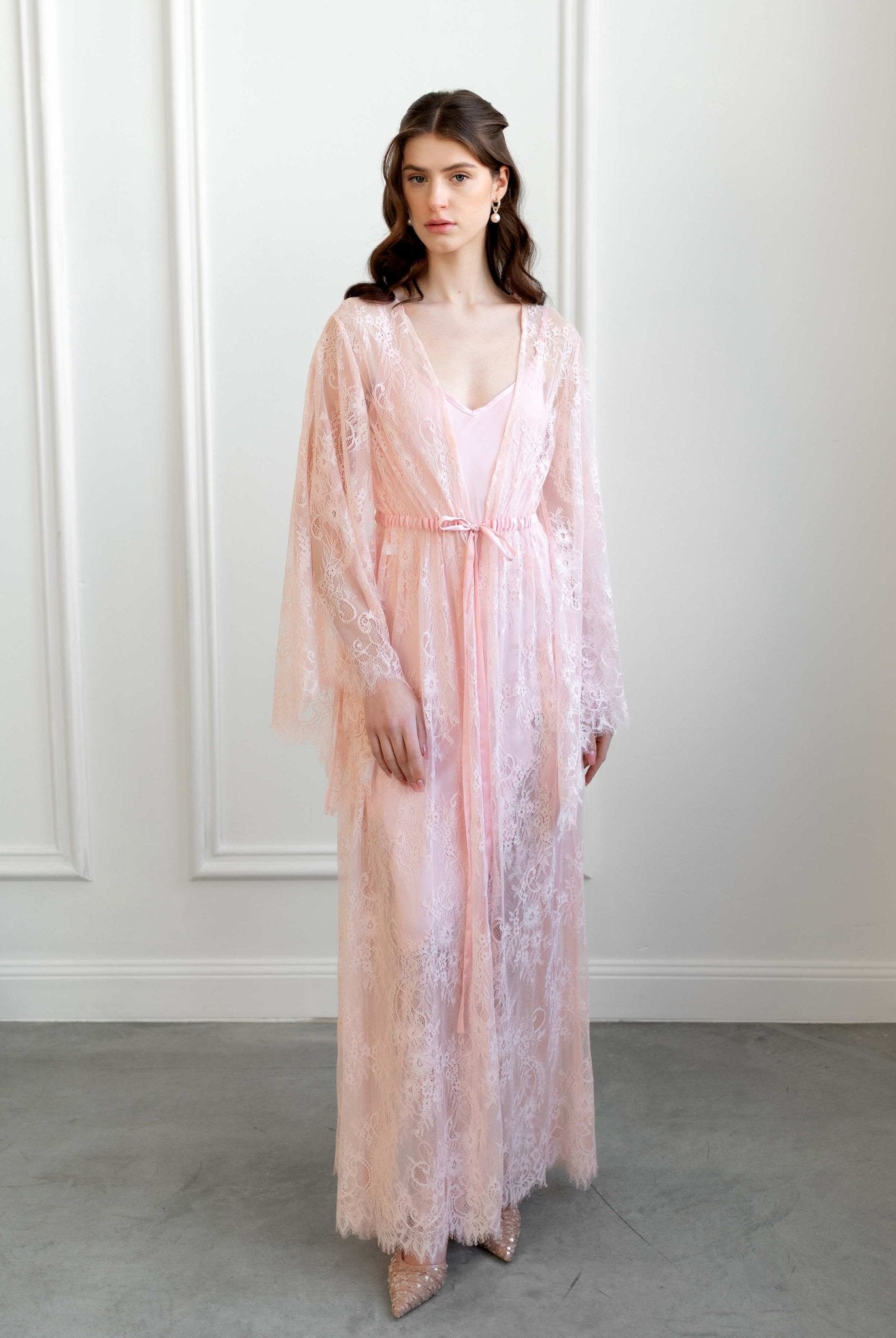 Pink lace robe and gown set for special occasions, full-length look