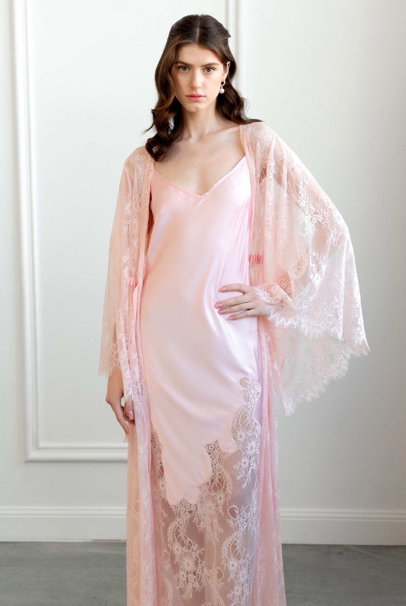 Romantic pink lace robe and nightgown, worn with soft curls and pearls