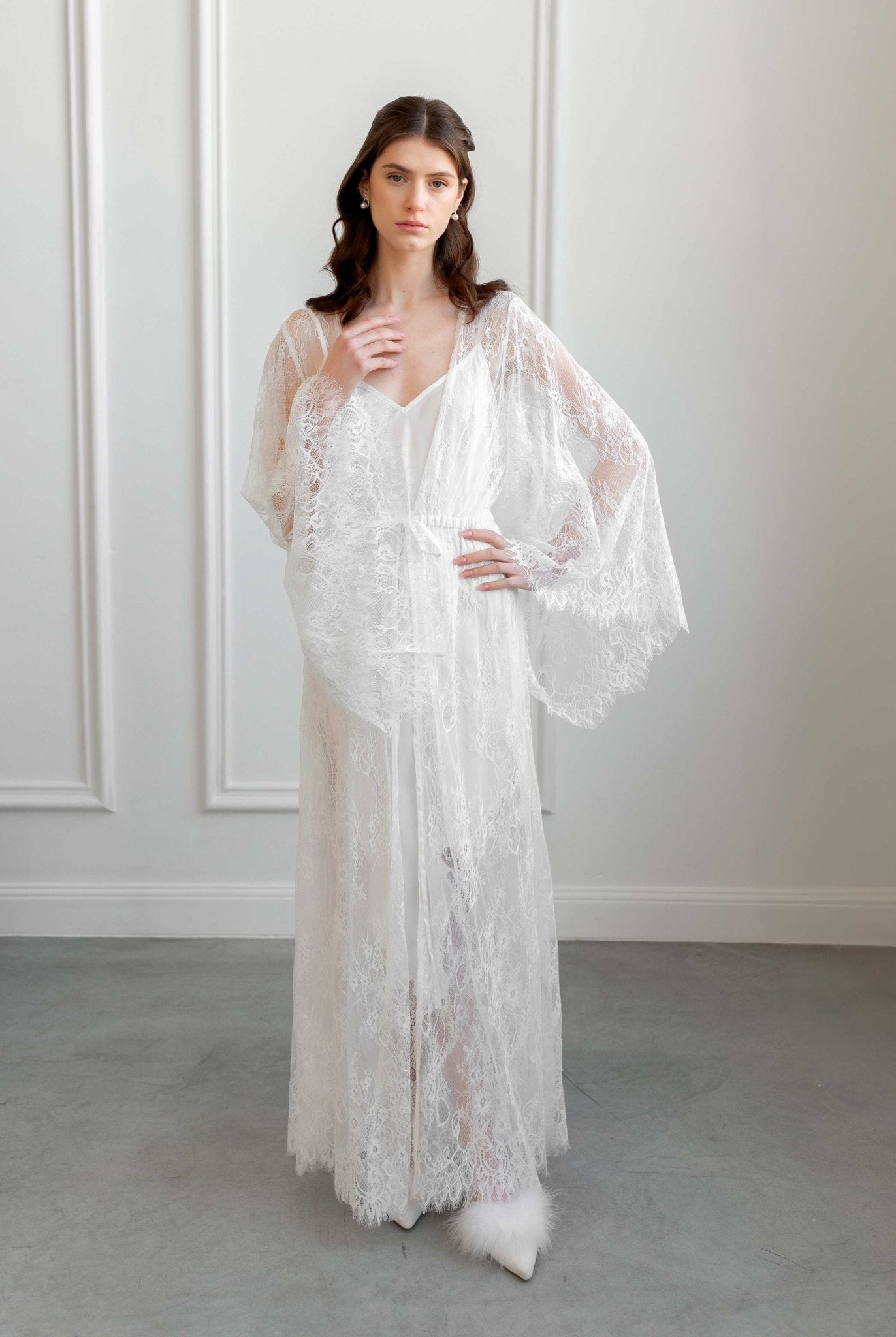 White lace robe and nightgown set styled with soft waves and bridal makeup - Kafemme Loungewear