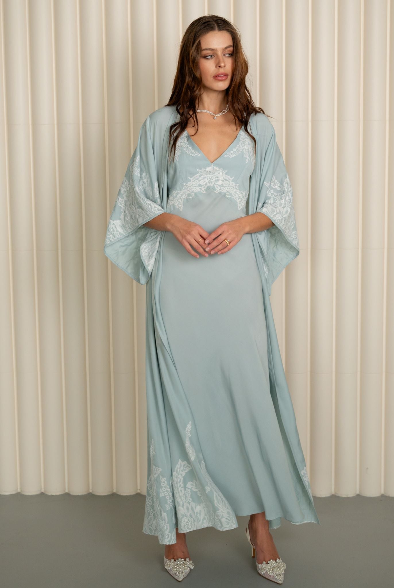 Kafemme light blue viscose robe and nightgown set – front view