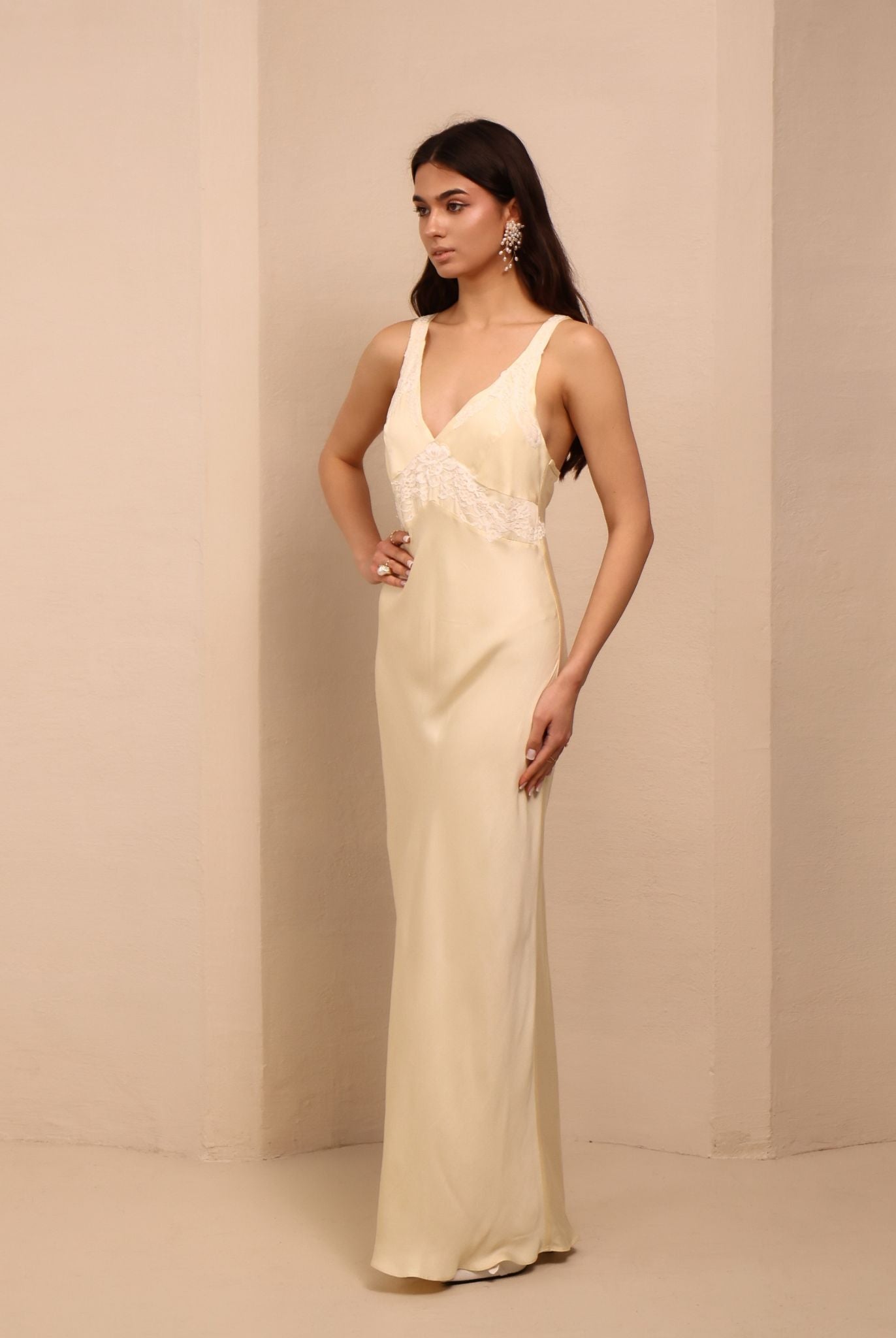 Frontal shot of the nightgown, featuring a flattering cut and subtle lace accents for a romantic, feminine look.