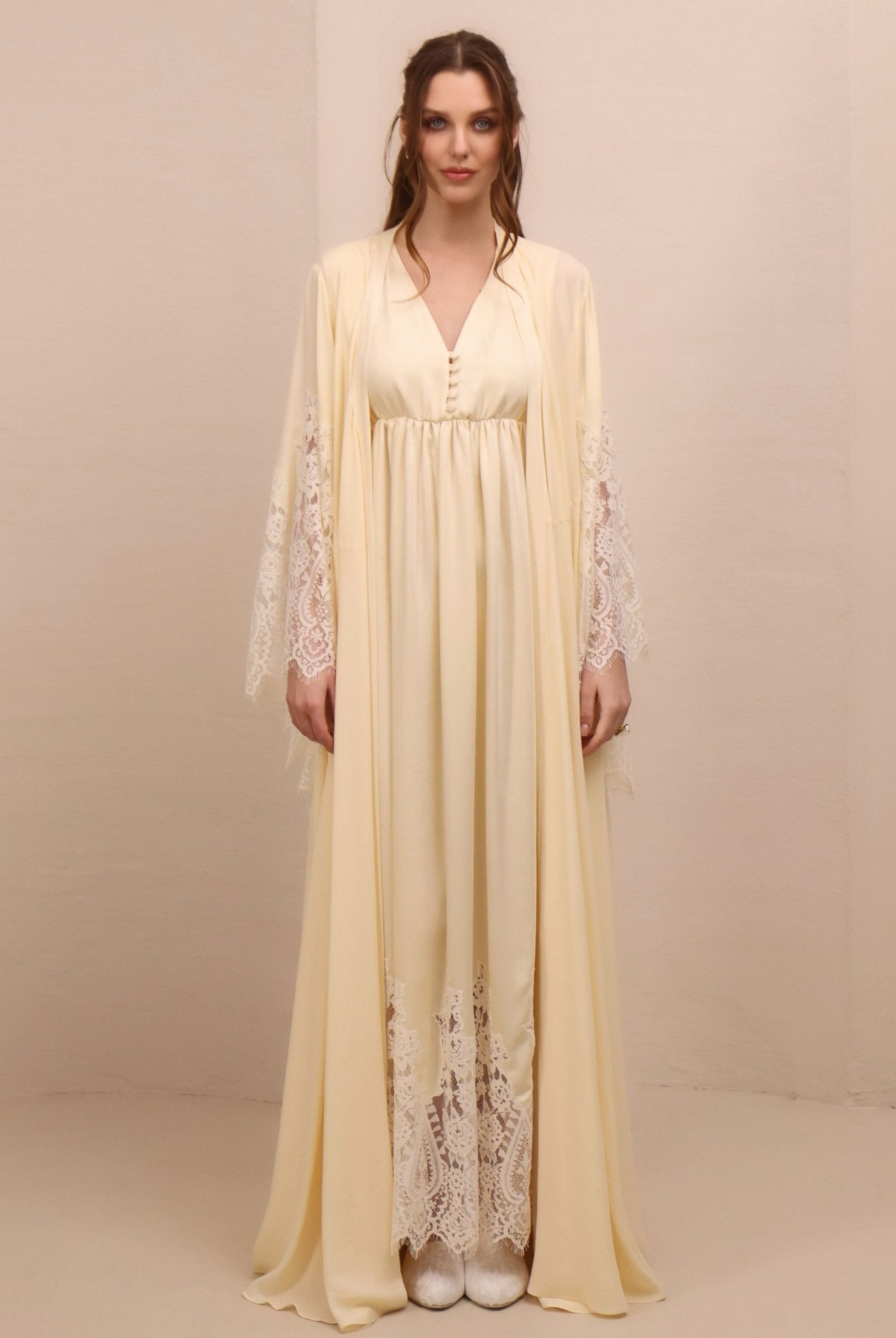A serene static view of the ensemble, designed to blend timeless beauty with everyday comfort for mothers-to-be.