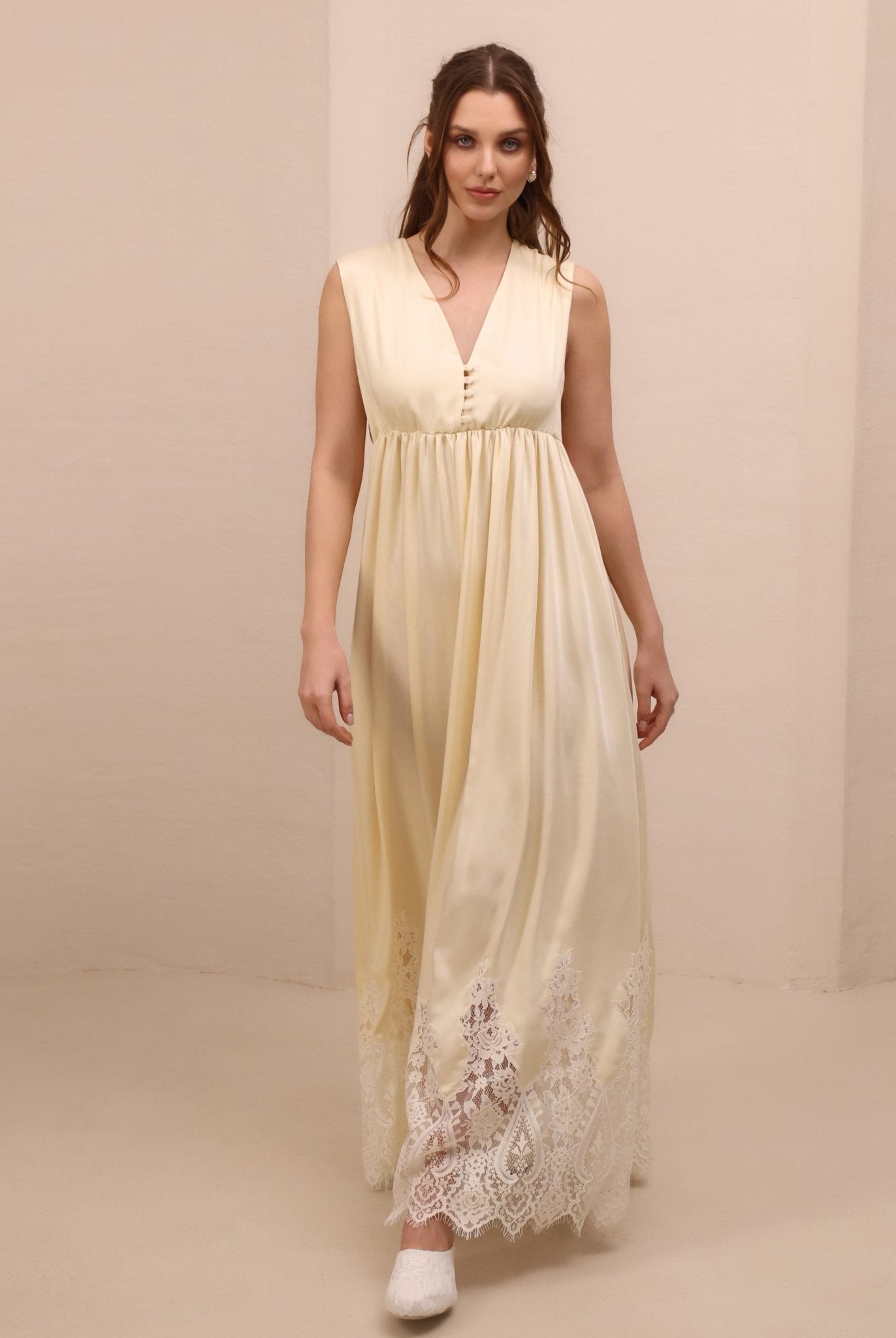 Frontal view of the long nightgown, featuring adjustable straps and buttons for easy breastfeeding access.