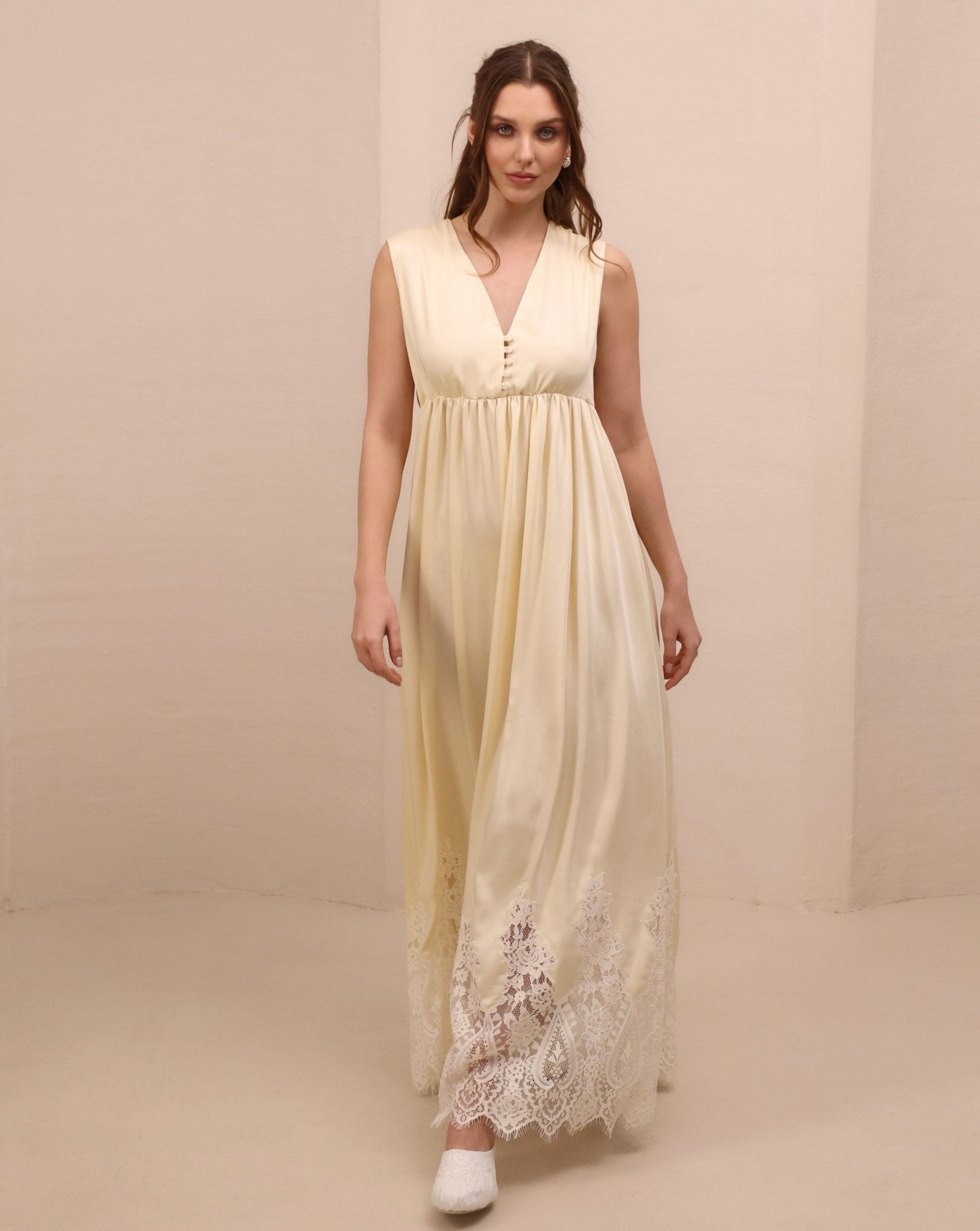 Frontal view of the long nightgown, featuring adjustable straps and buttons for easy breastfeeding access.
