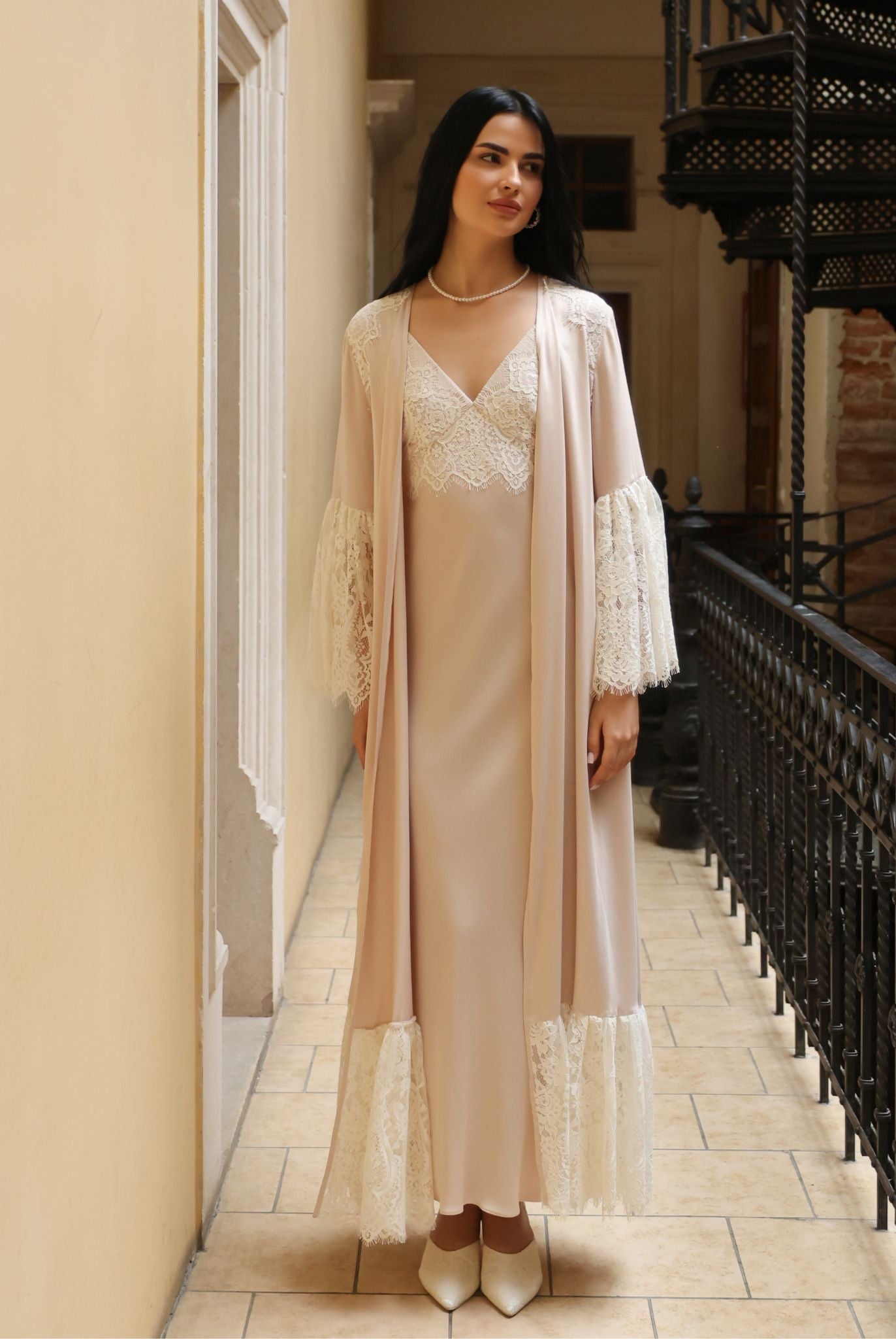 A serene static view of the full ensemble, illustrating the balanced design and the polished, feminine aesthetic.