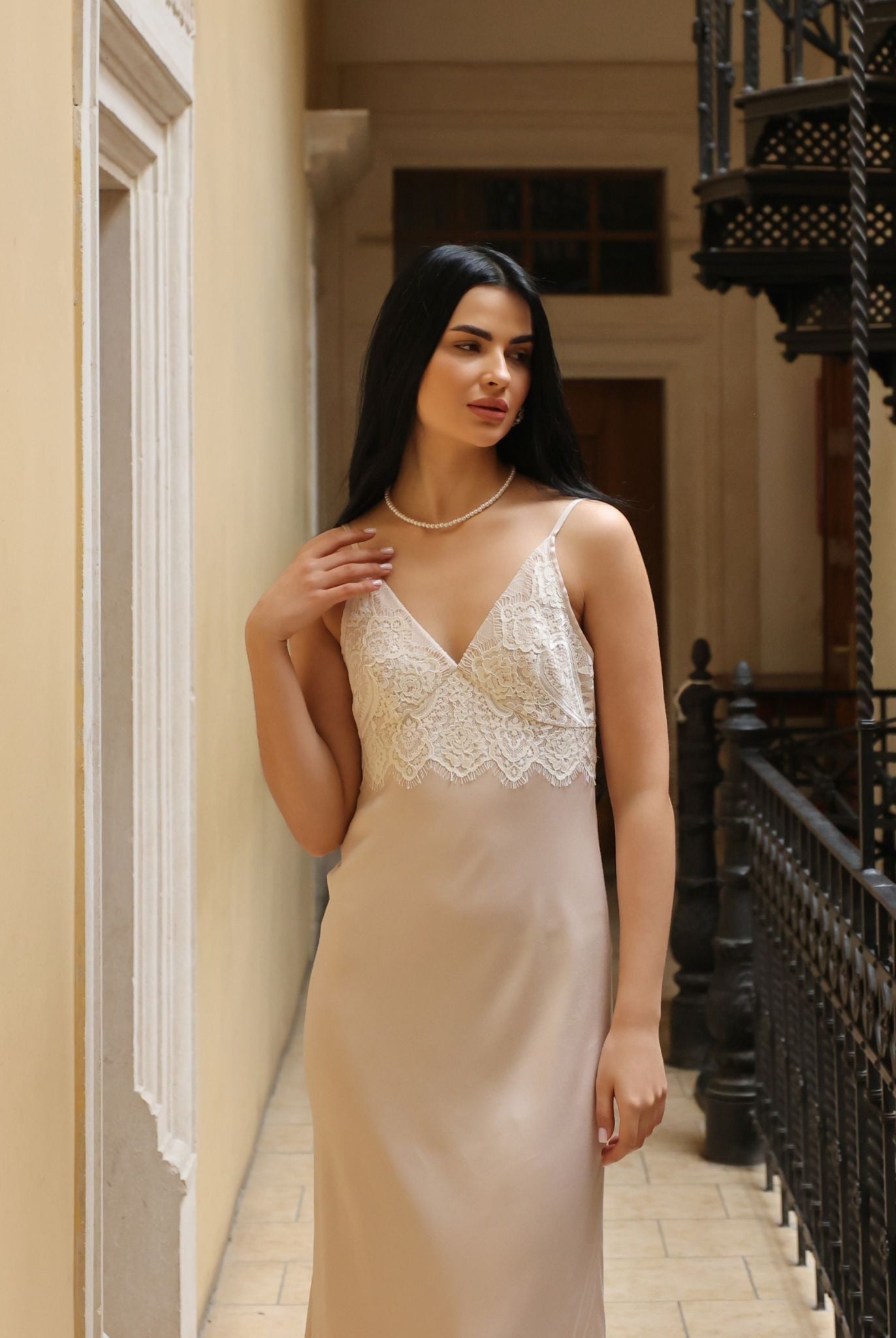 Frontal view of the nightgown from the Robe and Nightgown Set, featuring lace-embellished cups and a smooth drape.