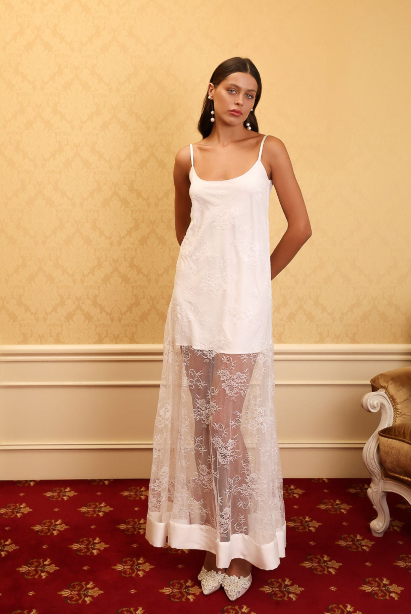 Frontal full-length view of the Marietta nightgown, featuring the perfect blend of sophisticated style and comfort.