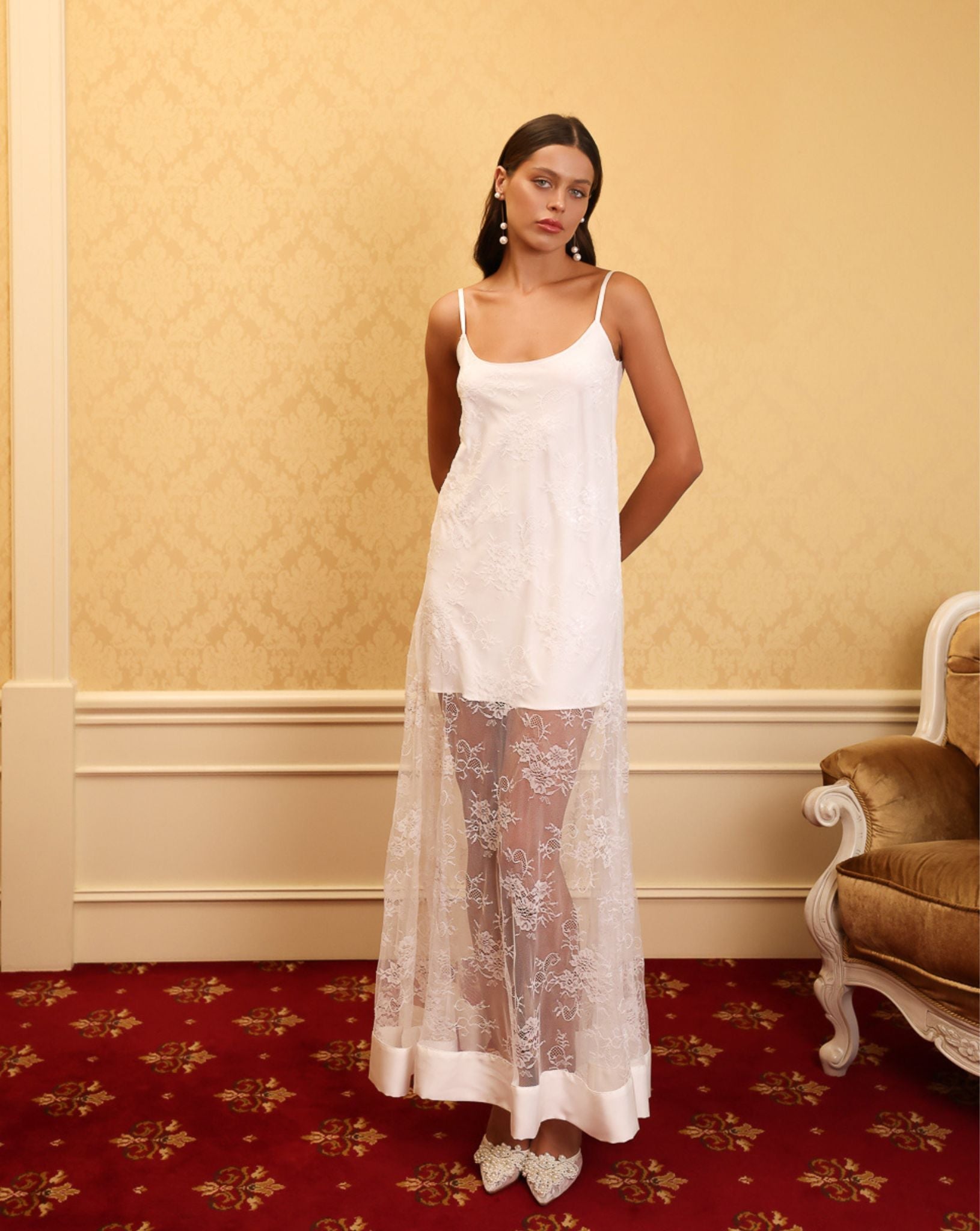 Frontal full-length view of the Marietta nightgown, featuring the perfect blend of sophisticated style and comfort.