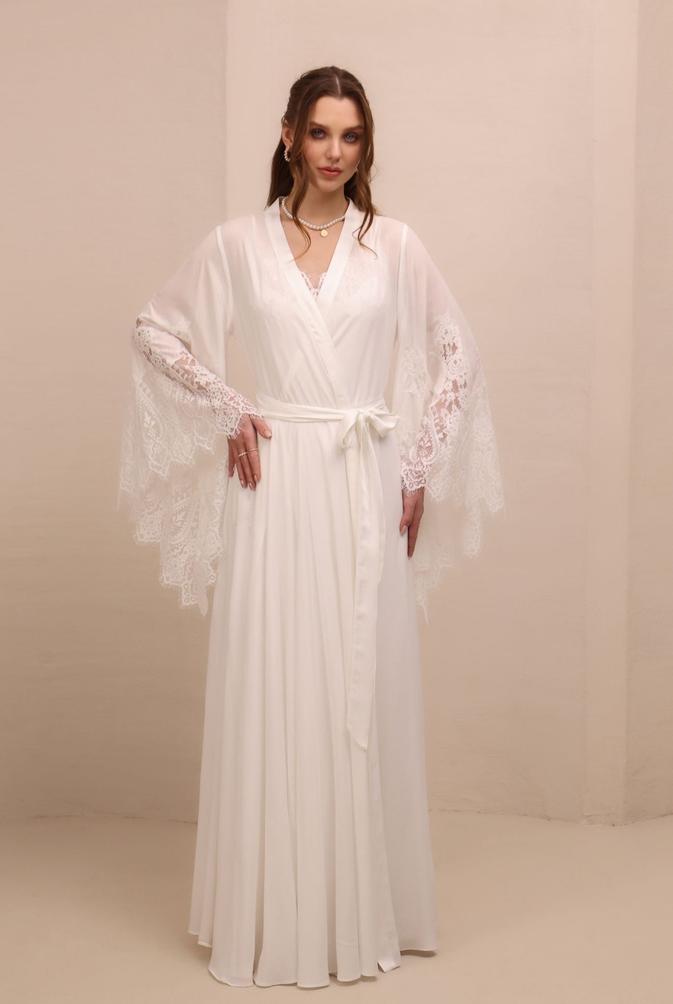 A poised frontal shot of the tied attire, illustrating a refined look and a graceful, timeless silhouette.