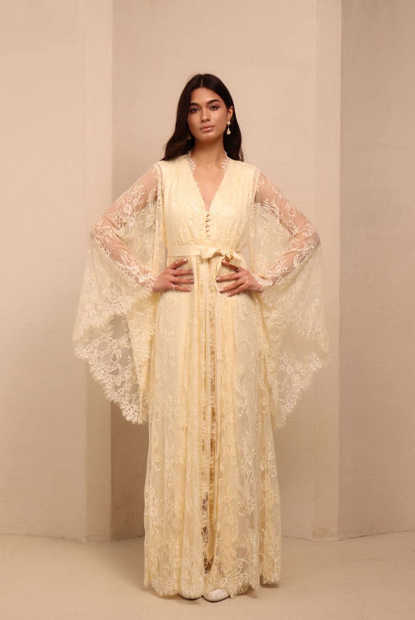 A frontal shot of the Maternity Robe and Nightgown Set tied at the waist, illustrating a neat and feminine fit.