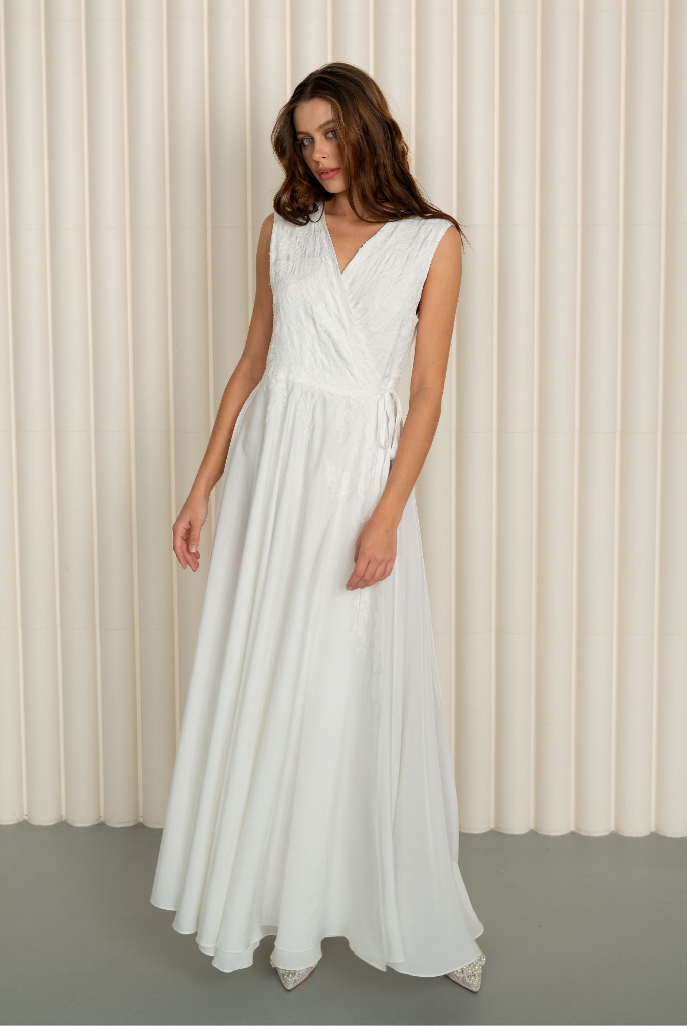 Frontal view of the maternity cotton nightgown, showcasing the wrap-over style and its comfortable fit.