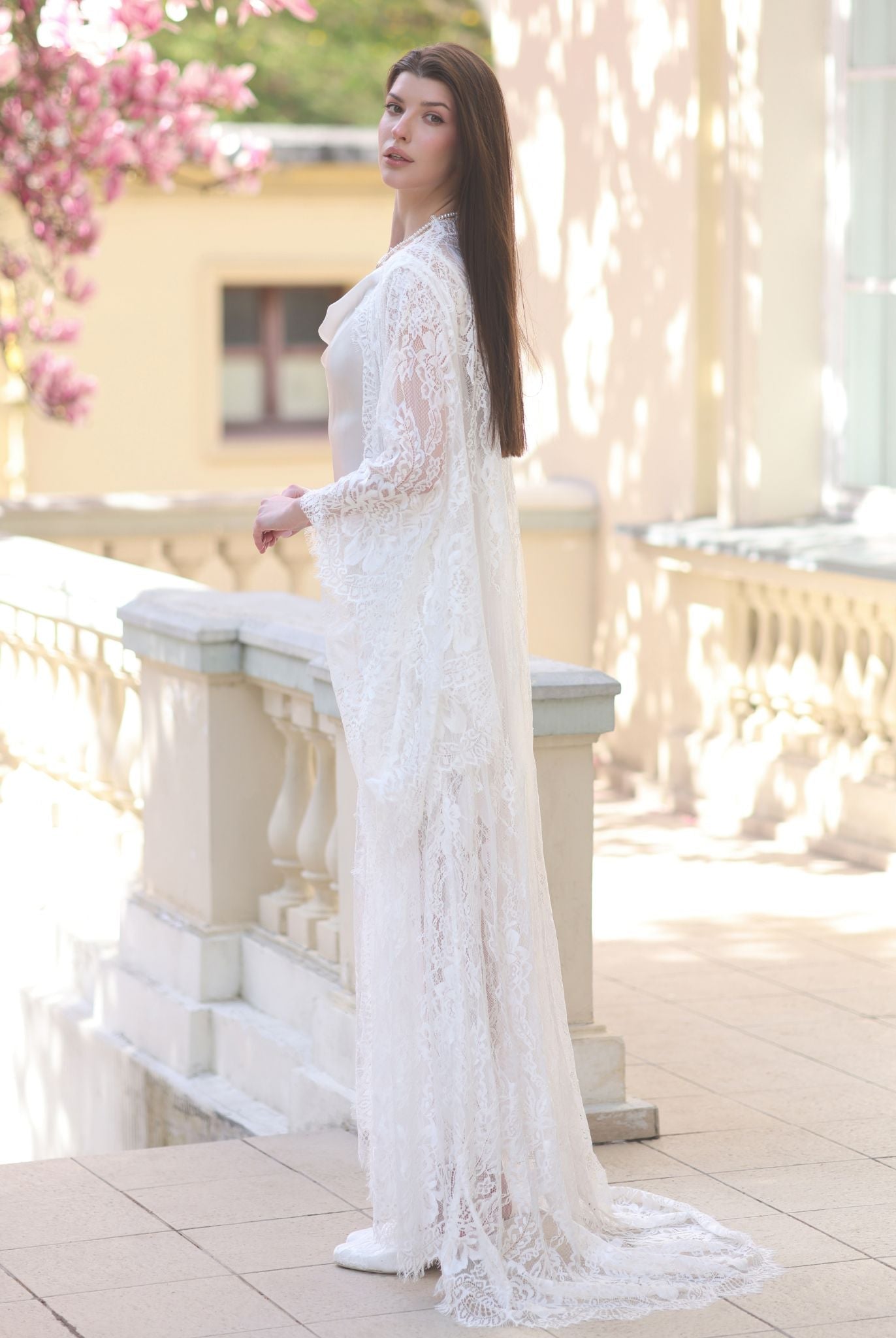 Rear perspective of the Silk Robe and Nightgown Set, emphasizing the dramatic train and lace detailing.