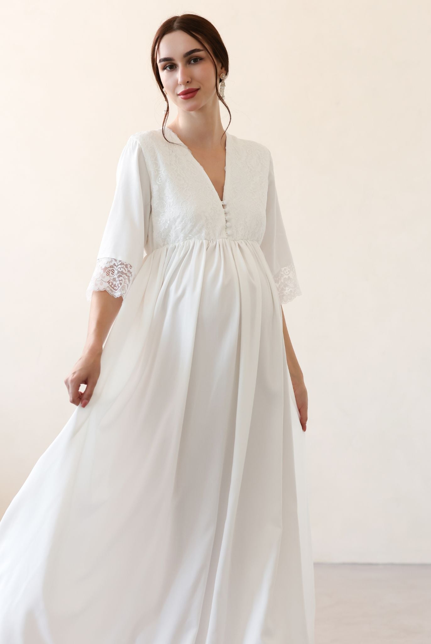 Close-up of the ensemble in motion, emphasizing the breathable material and the graceful drape of the floor-length robe.