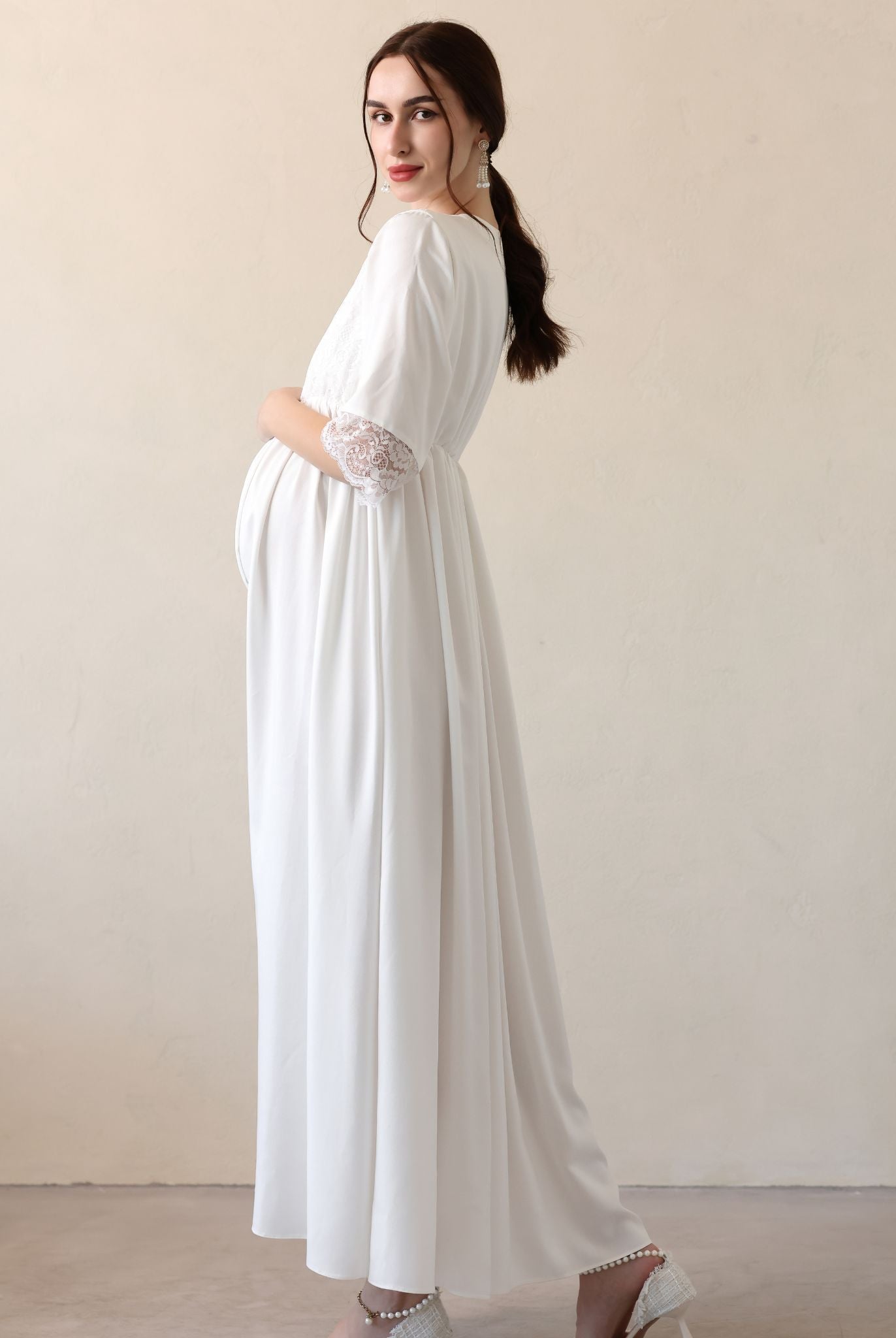 A side view of the Robe and Nightgown Set, showing the soft elastic band under the bust for a relaxed fit.