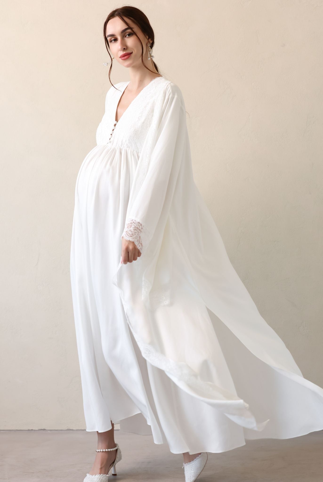 A flowing Robe and Nightgown Set in motion, showcasing the light and gentle cotton fabric that moves naturally.