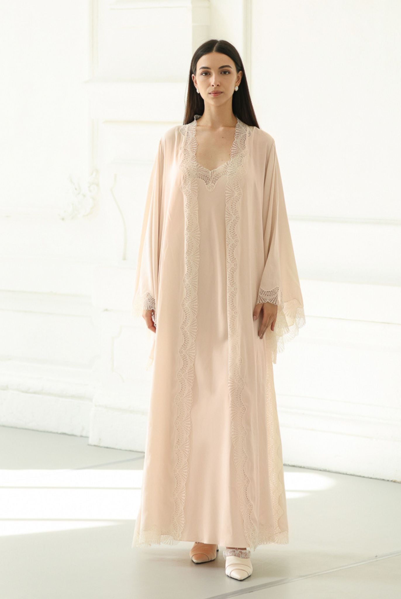 Static front view of the complete Cotton Robe and Nightgown Set, designed for a balance of simplicity and sophistication.