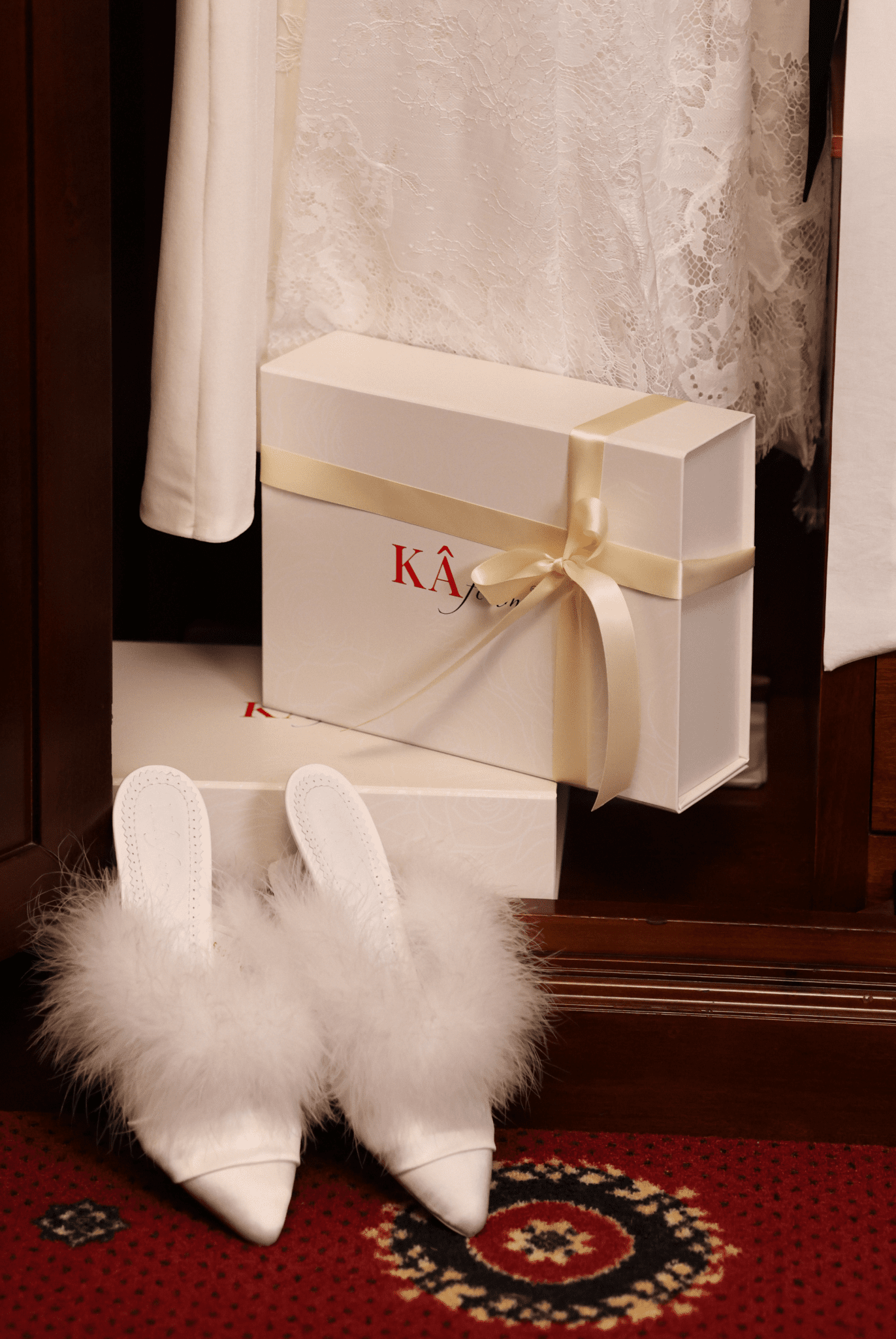 Creative shot of the elegant footwear near branded boxes, capturing a whisper of glamour for the modern muse.