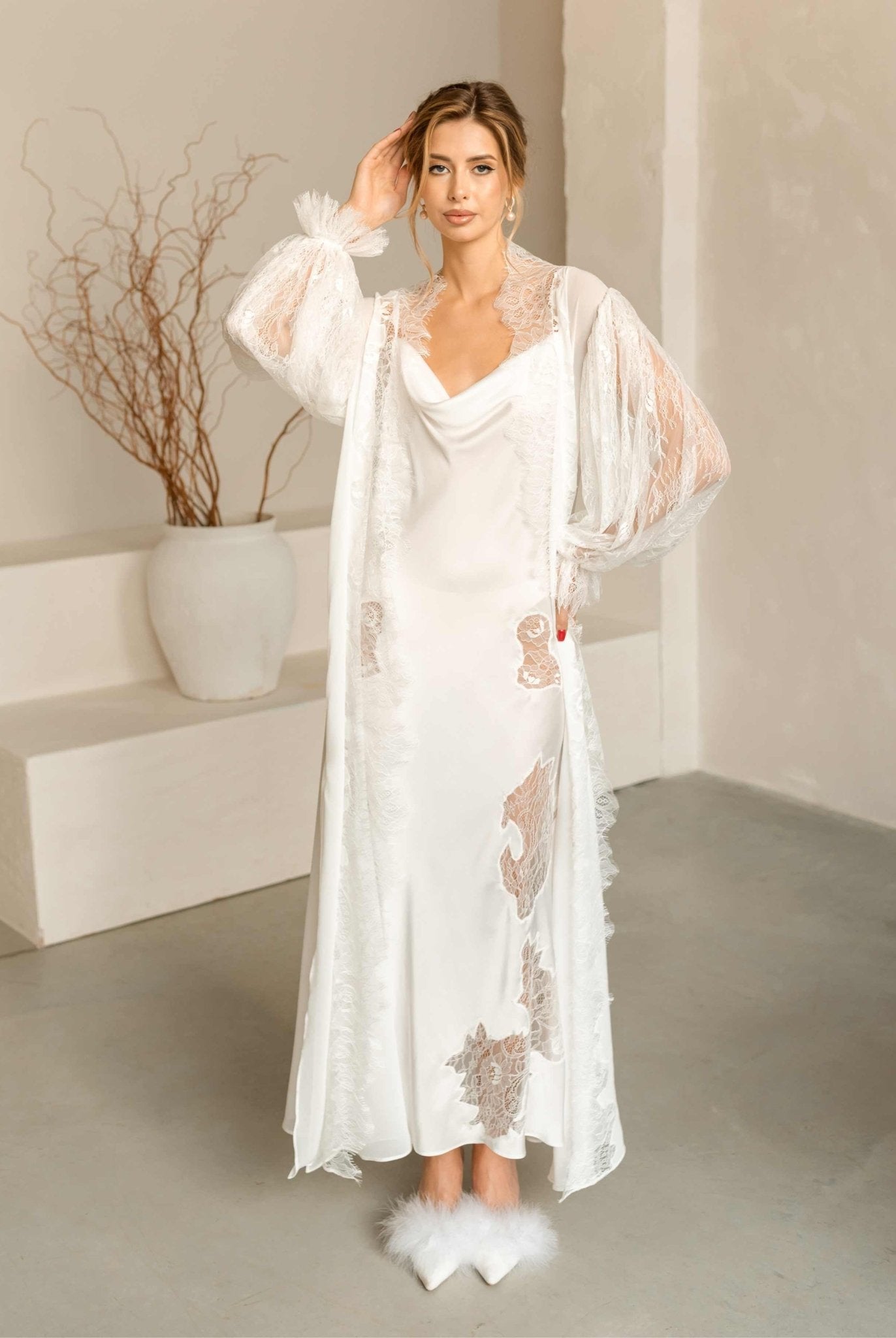 Front-facing view of the Bridal Robe and Nightgown Set, highlighting the ethereal and romantic bridal look.