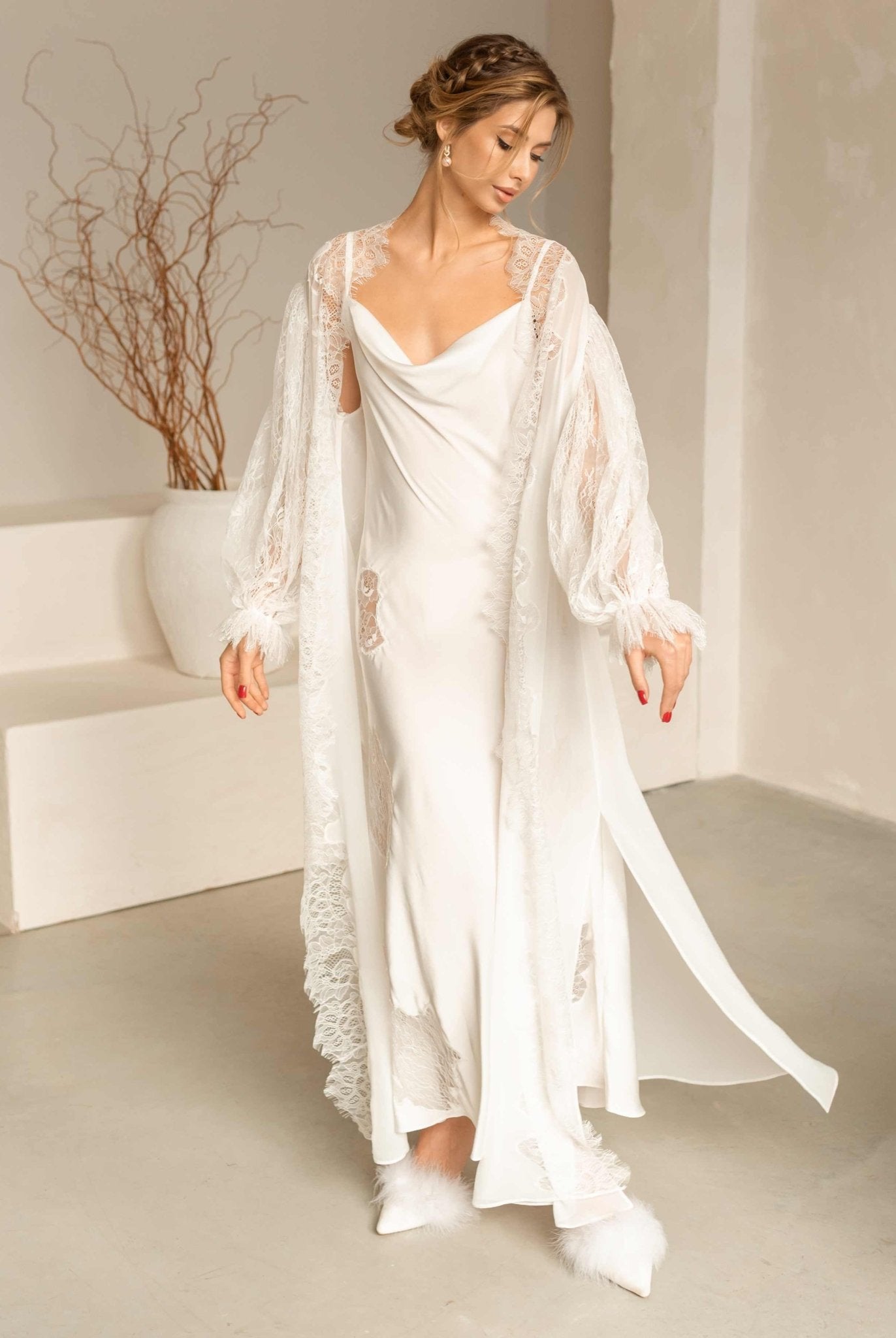Full-length view of the Bridal Robe and Nightgown Set as the model looks down, showcasing the flowing chiffon silhouette.