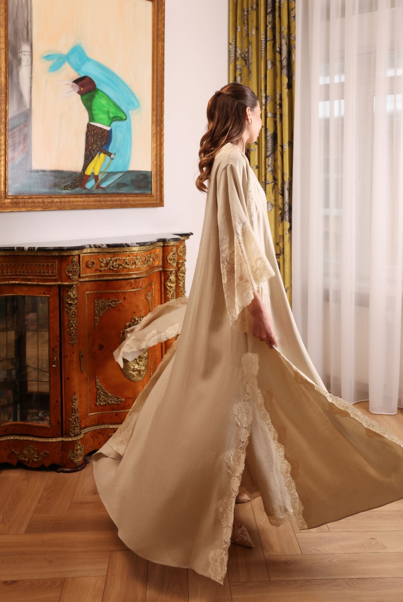 A dynamic turn showcasing how the fabric moves effortlessly with every step, creating a sense of calm movement.
