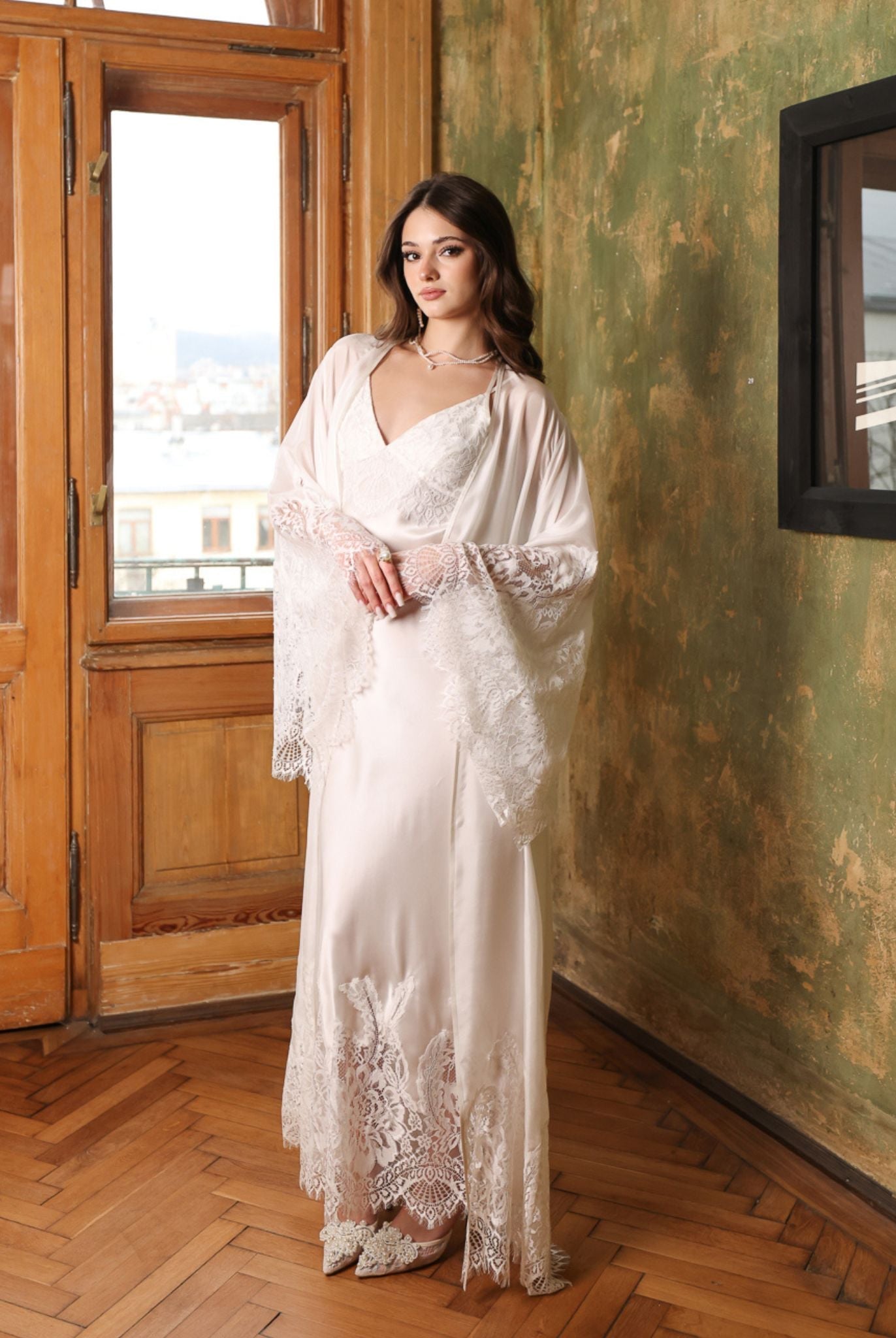 Full-length bridal look in the Silk Robe and Nightgown Set, perfect for morning preparations or elegant lounging.