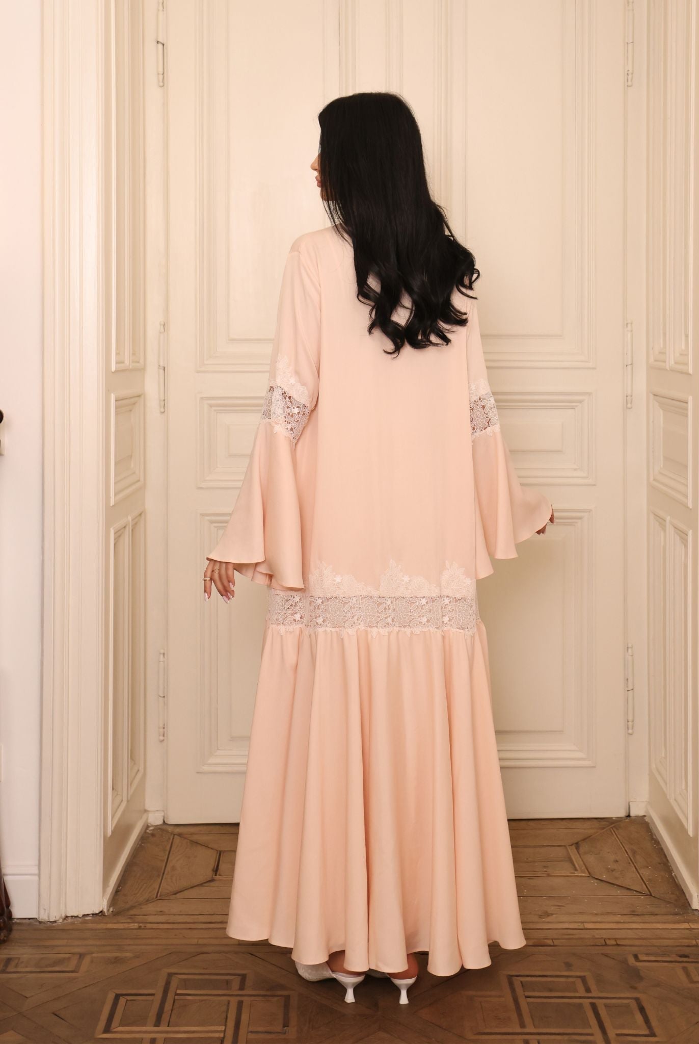 Rear perspective of the complete set, illustrating the timeless, serene look and full coverage of the attire.