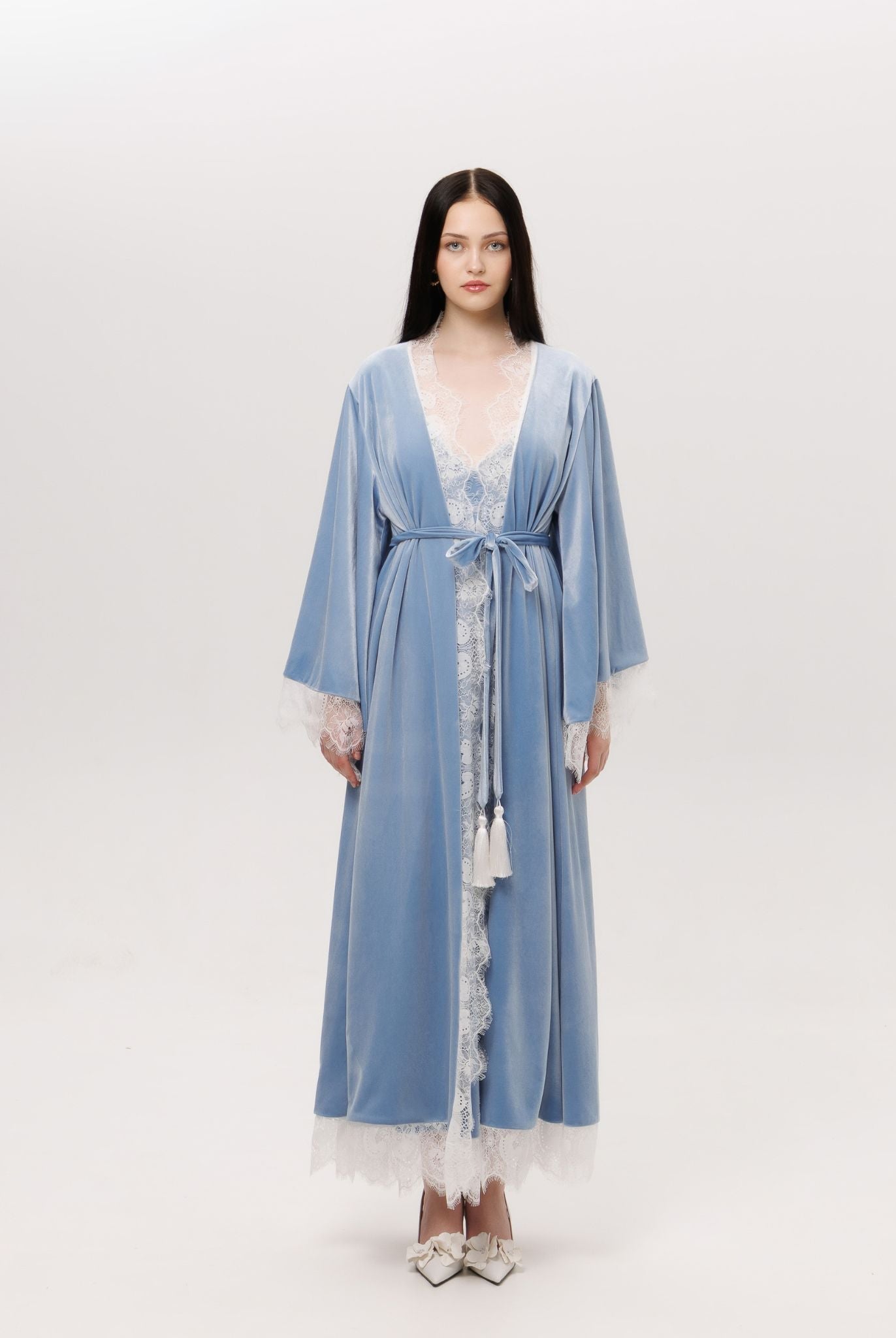 Straight full-length pose in the belted velvet robe, highlighting the lace along the sides and hem.
