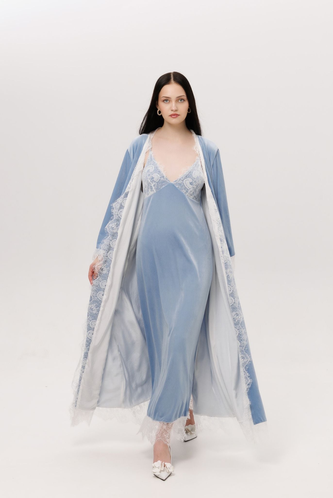 A dynamic view of the Velvet Robe and Nightgown Set in motion, showcasing the flowing silhouette and plush texture.