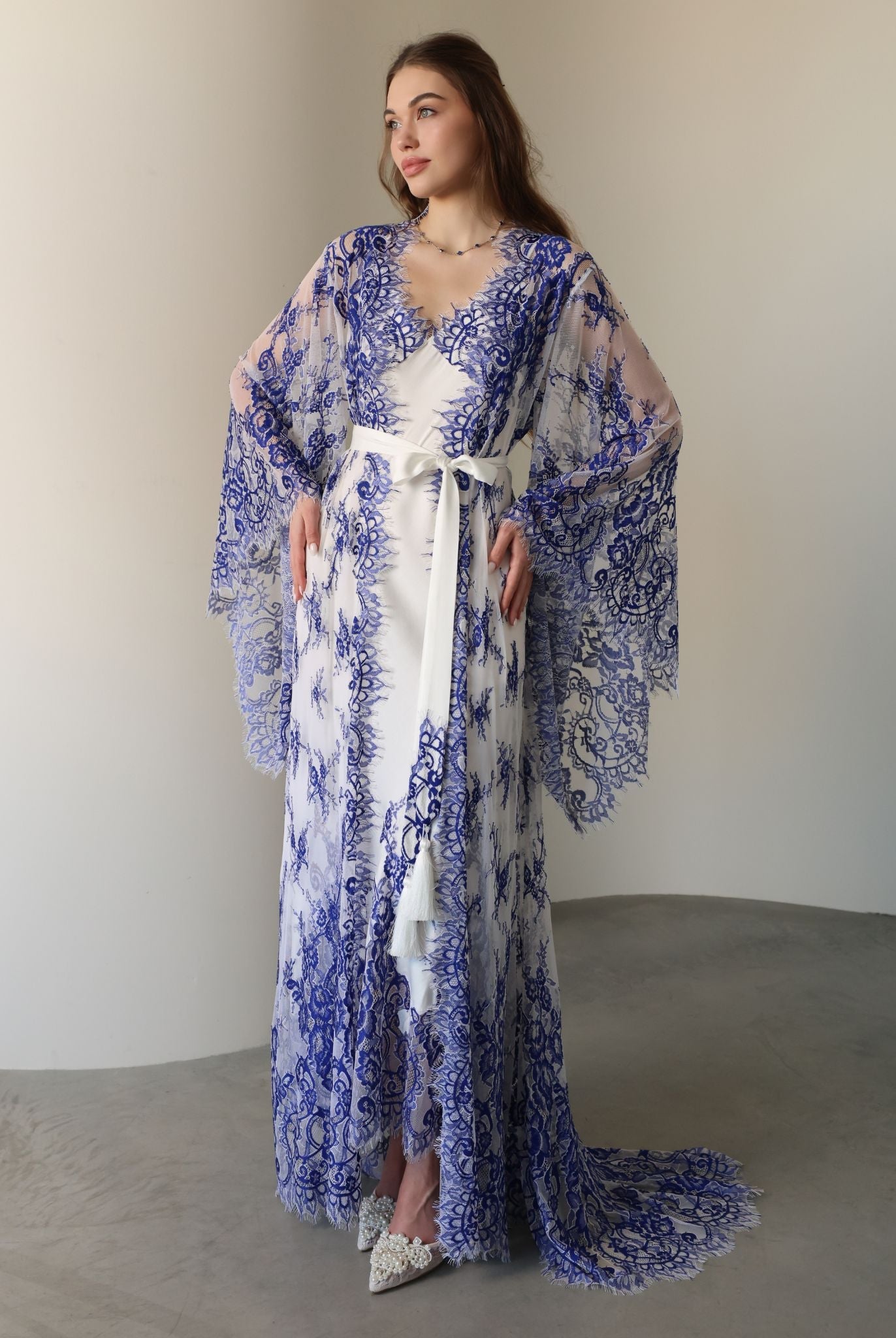 A static frontal shot of the Robe and Nightgown Set tied with a belt, illustrating a neat and sophisticated look.
