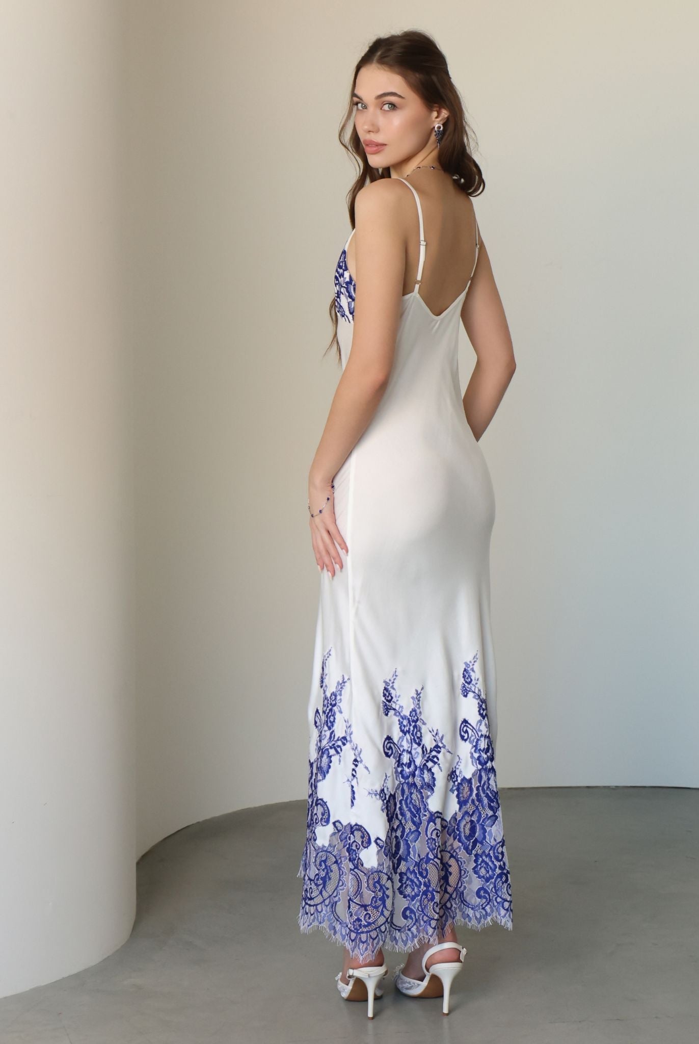 Rear view of the nightgown, showcasing the mid-open back design that allows for an adjustable and comfortable fit.