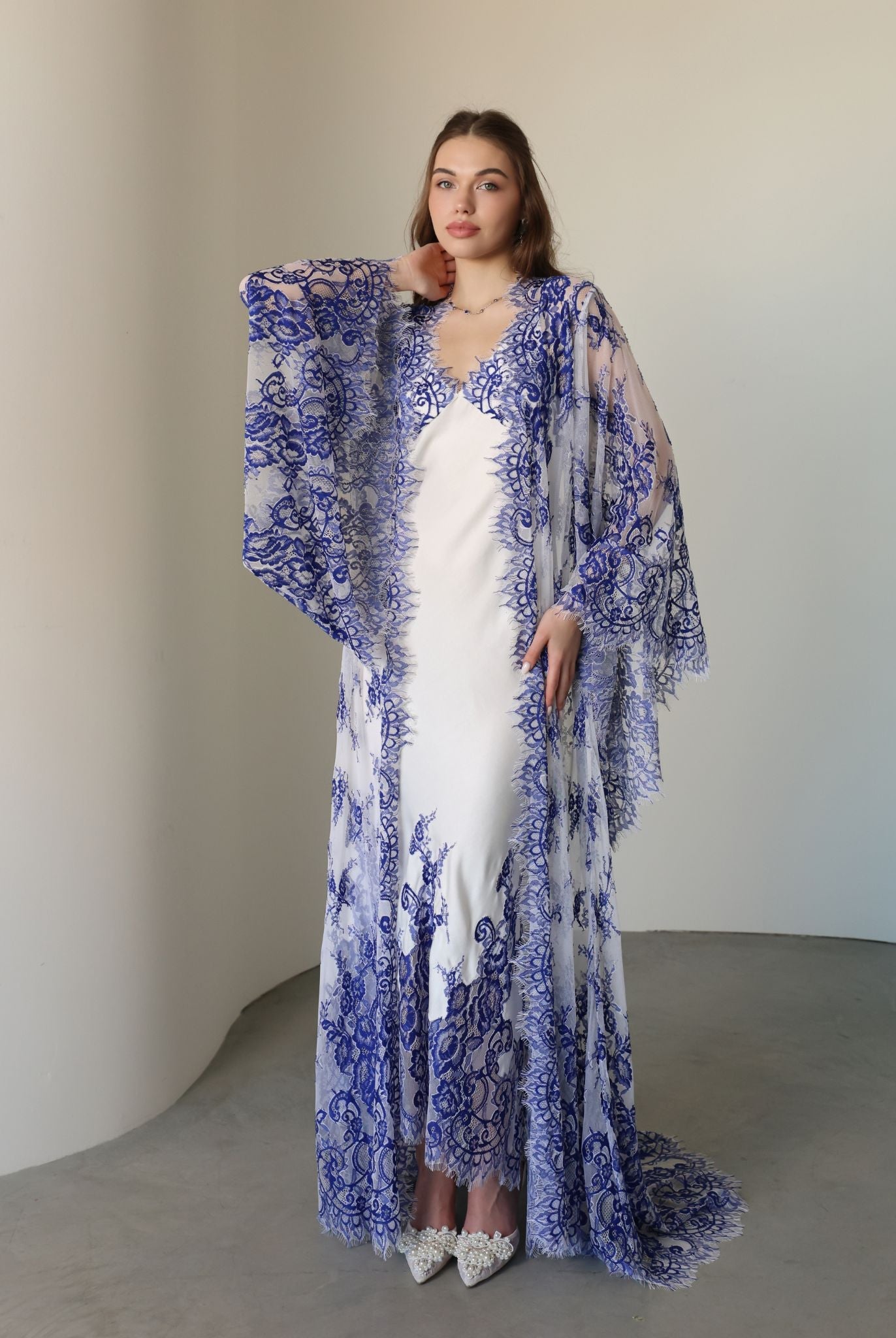 Frontal view of the Robe and Nightgown Set, showcasing the wide lace sleeves and light, airy feel of the attire.