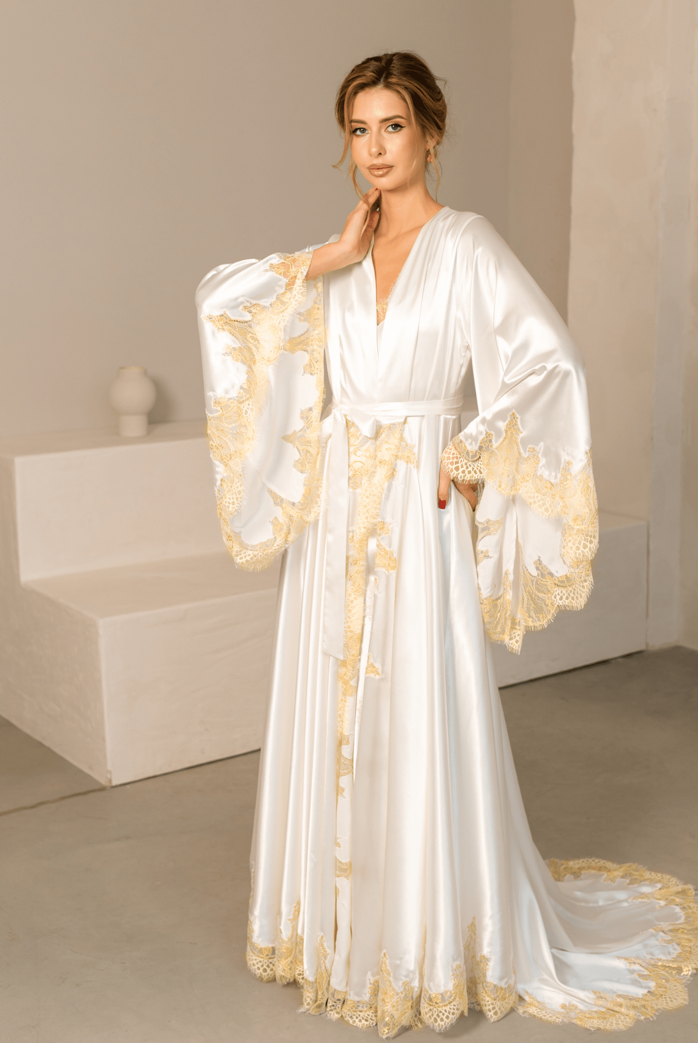 Elegant white Robe and Nightgown Set with gold lace trim, a long train, and wide flowing sleeves.