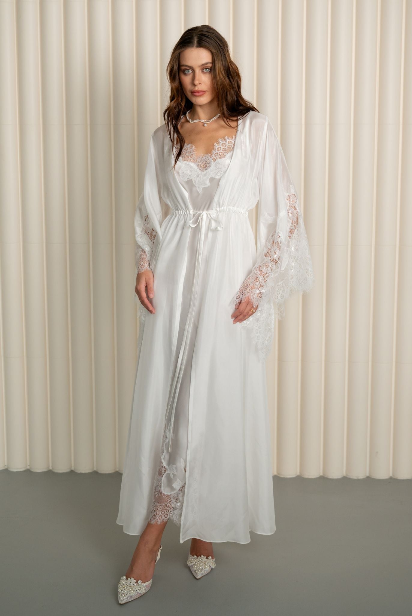 Back view of Silk Robe and Nightgown Set in white by Kafemme