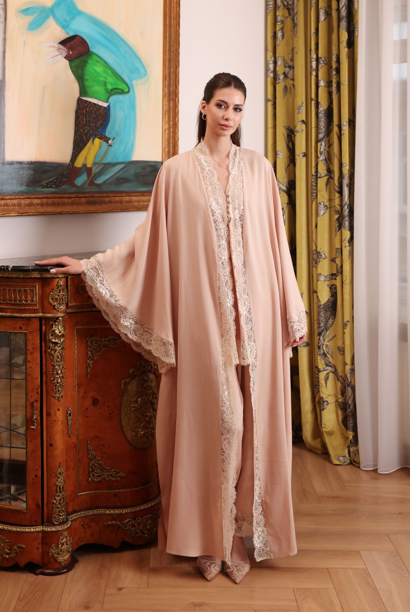 A full-height shot of the elegant ensemble, where the long robe adds a refined layer of grace to the pajama set.