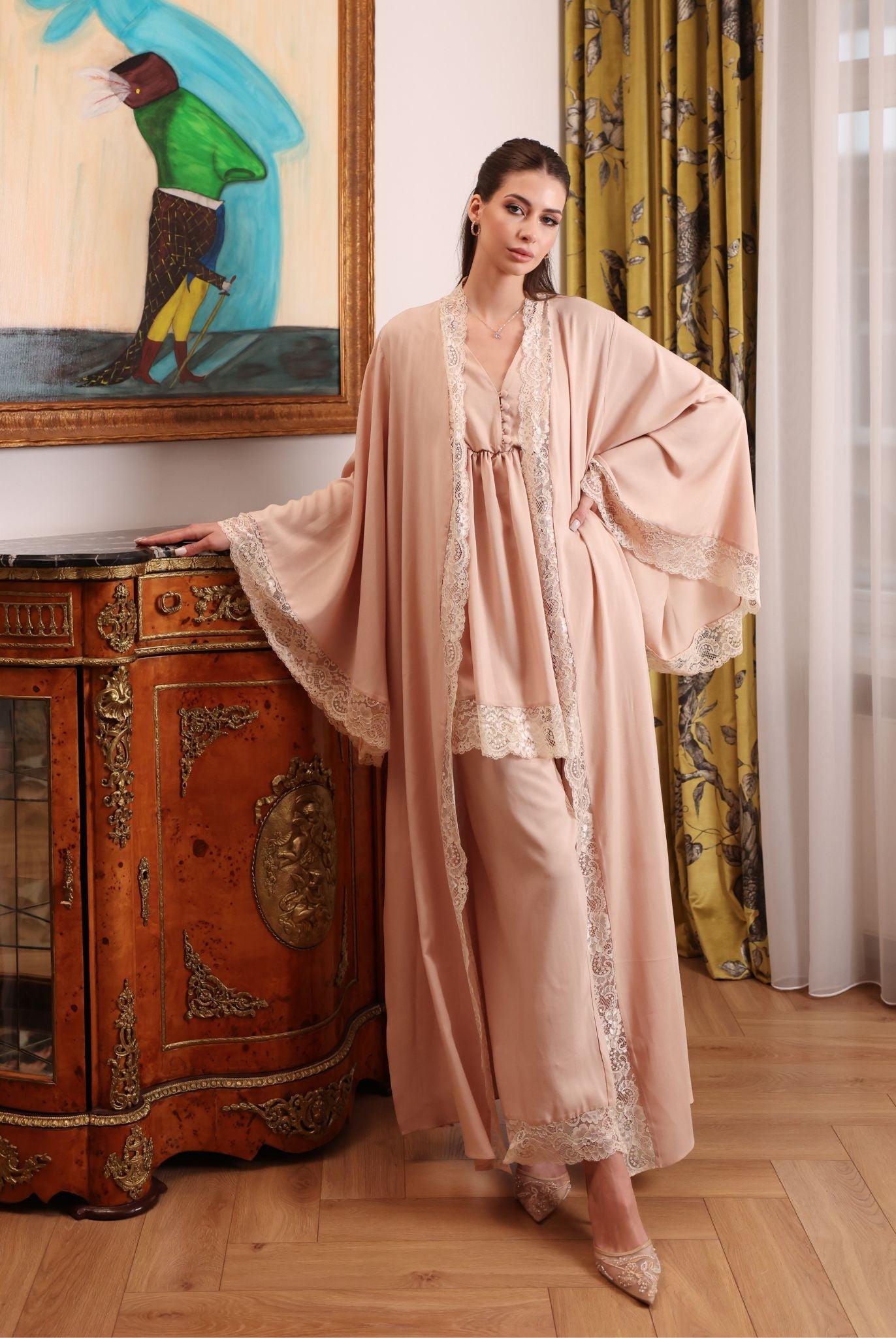 A serene shot of the cotton pajama set, capturing a mood of quiet beauty and relaxation at home.