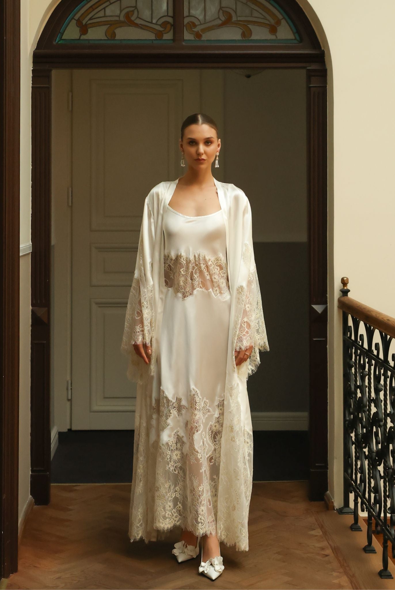 Static full-length view of the Silk Robe and Nightgown Set, highlighting the premium materials and perfect fit