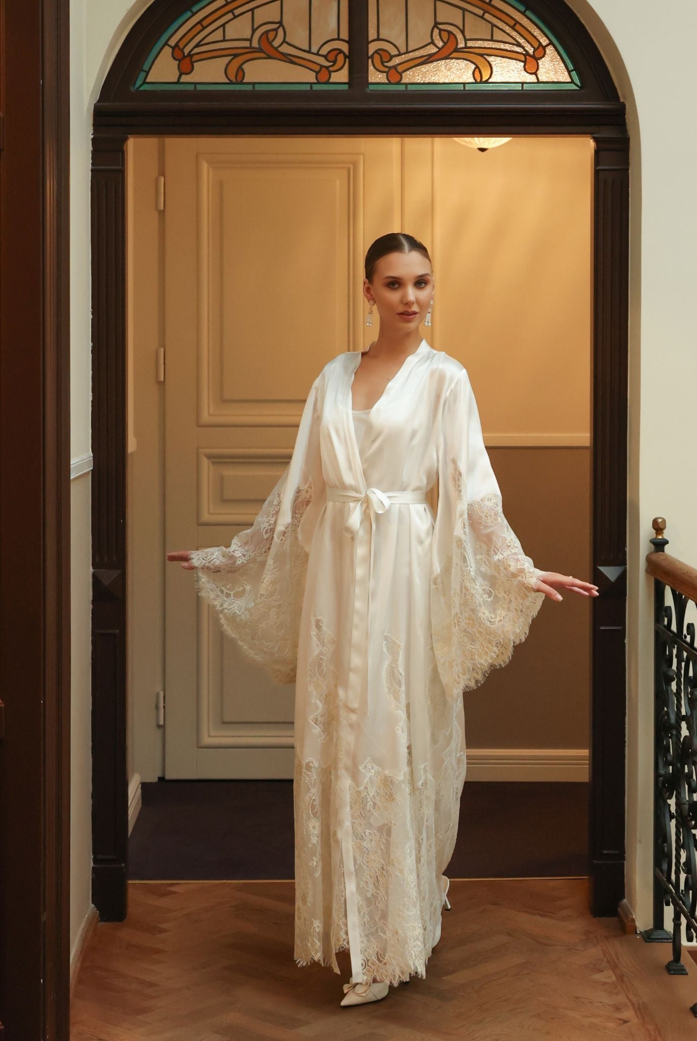 Belted Silk Robe and Nightgown Set with raised sleeves, illustrating the unmatched level of comfort and beauty.