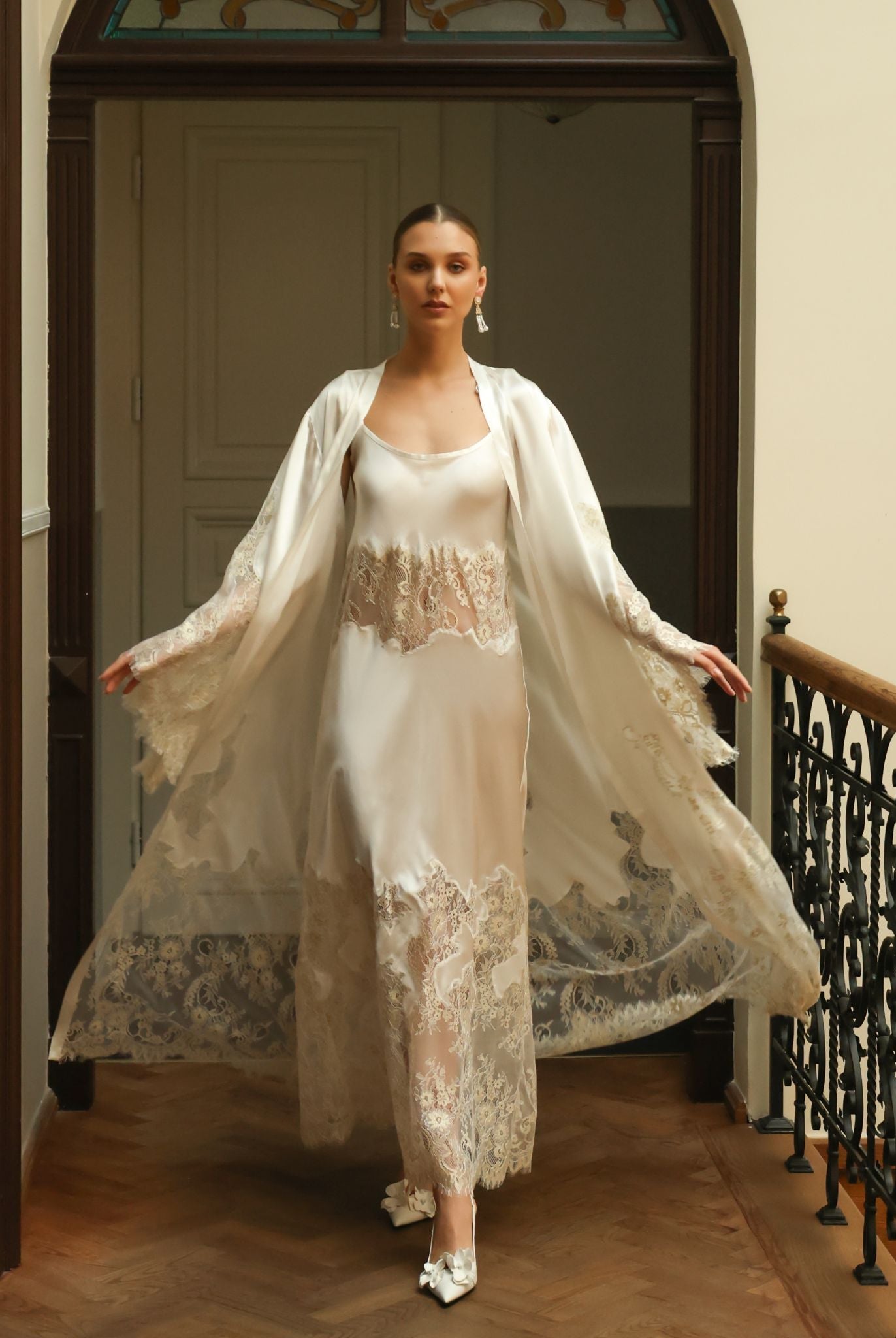 Full-length view of the Silk Robe and Nightgown Set, showcasing the graceful flow of 100% natural silk and lace.