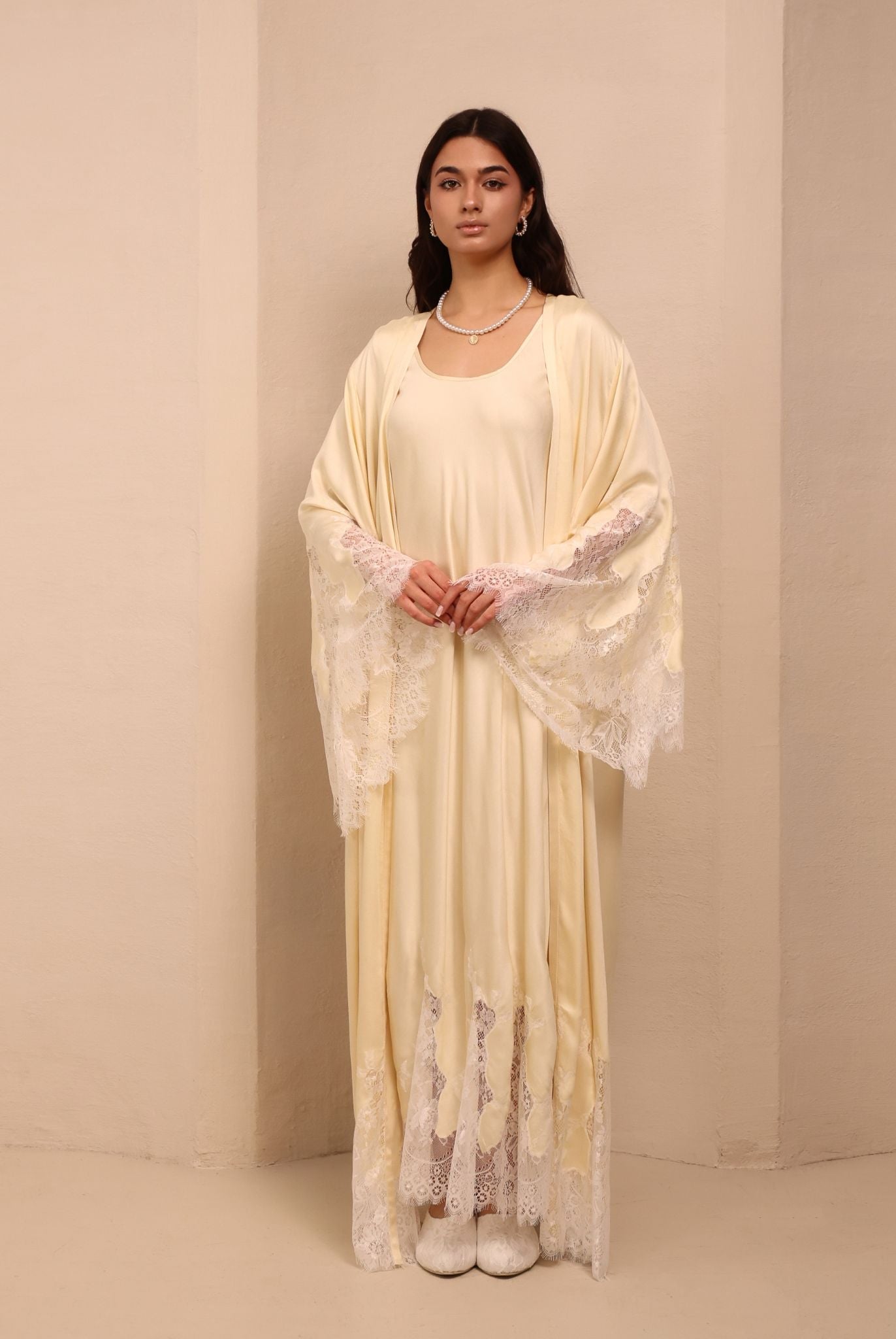 A static frontal shot of the vanilla Robe and Nightgown Set, showcasing the graceful and refined beauty.