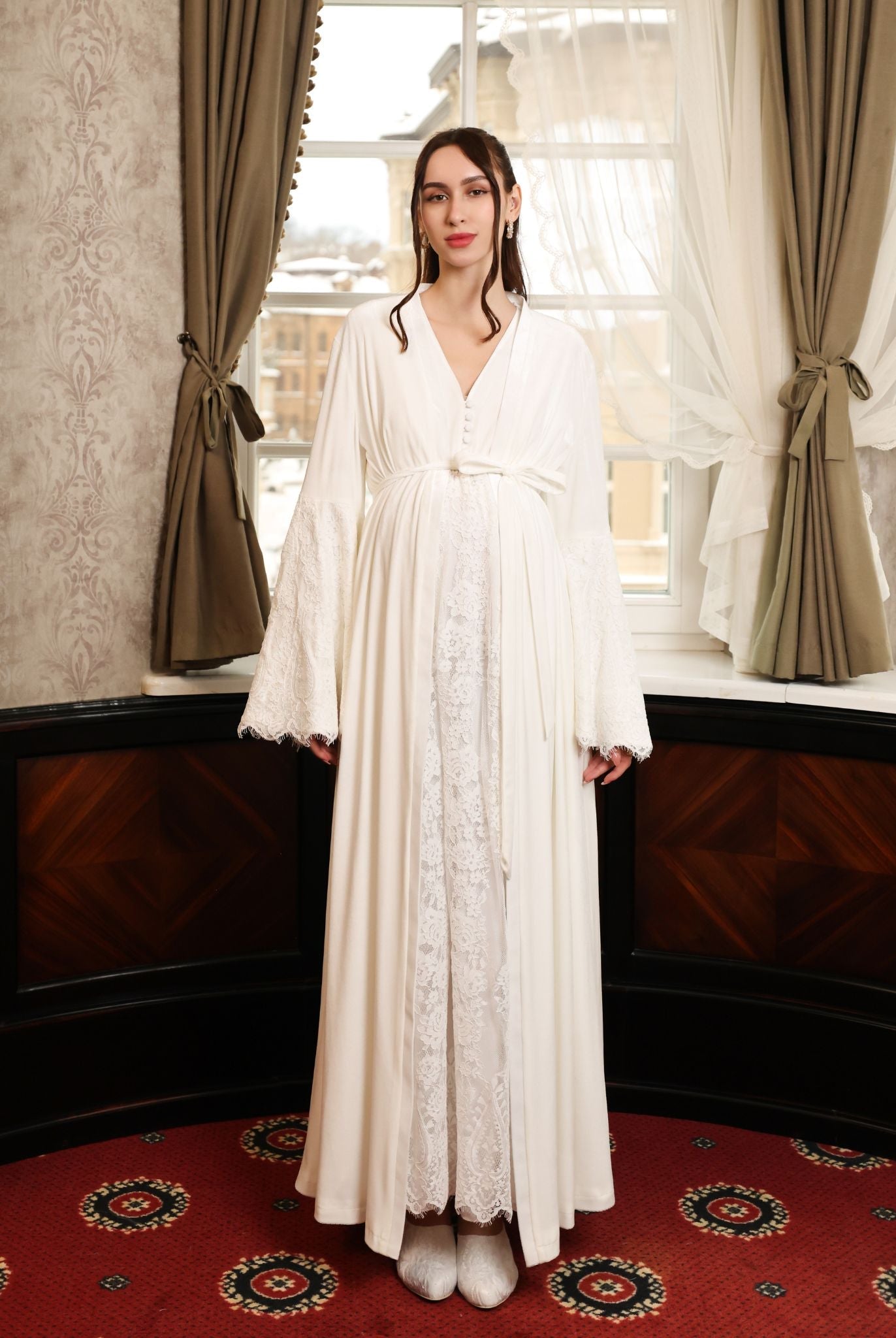 The complete Velvet Robe and Nightgown Set shown tied, representing an ensemble crafted with thoughtful elegance.