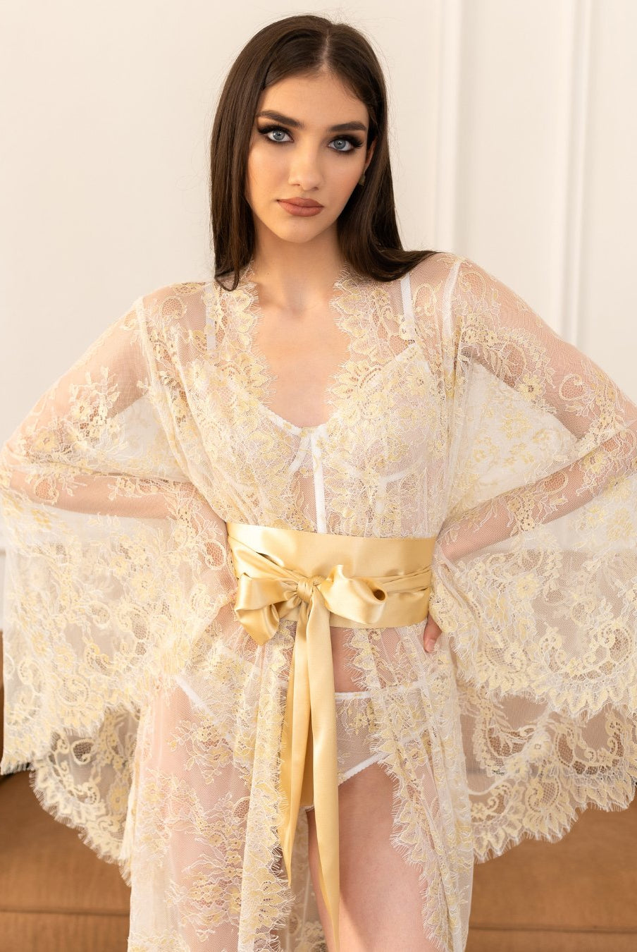 Champagne lace bridal robe with gold sash and flared sleeves – Kafemme