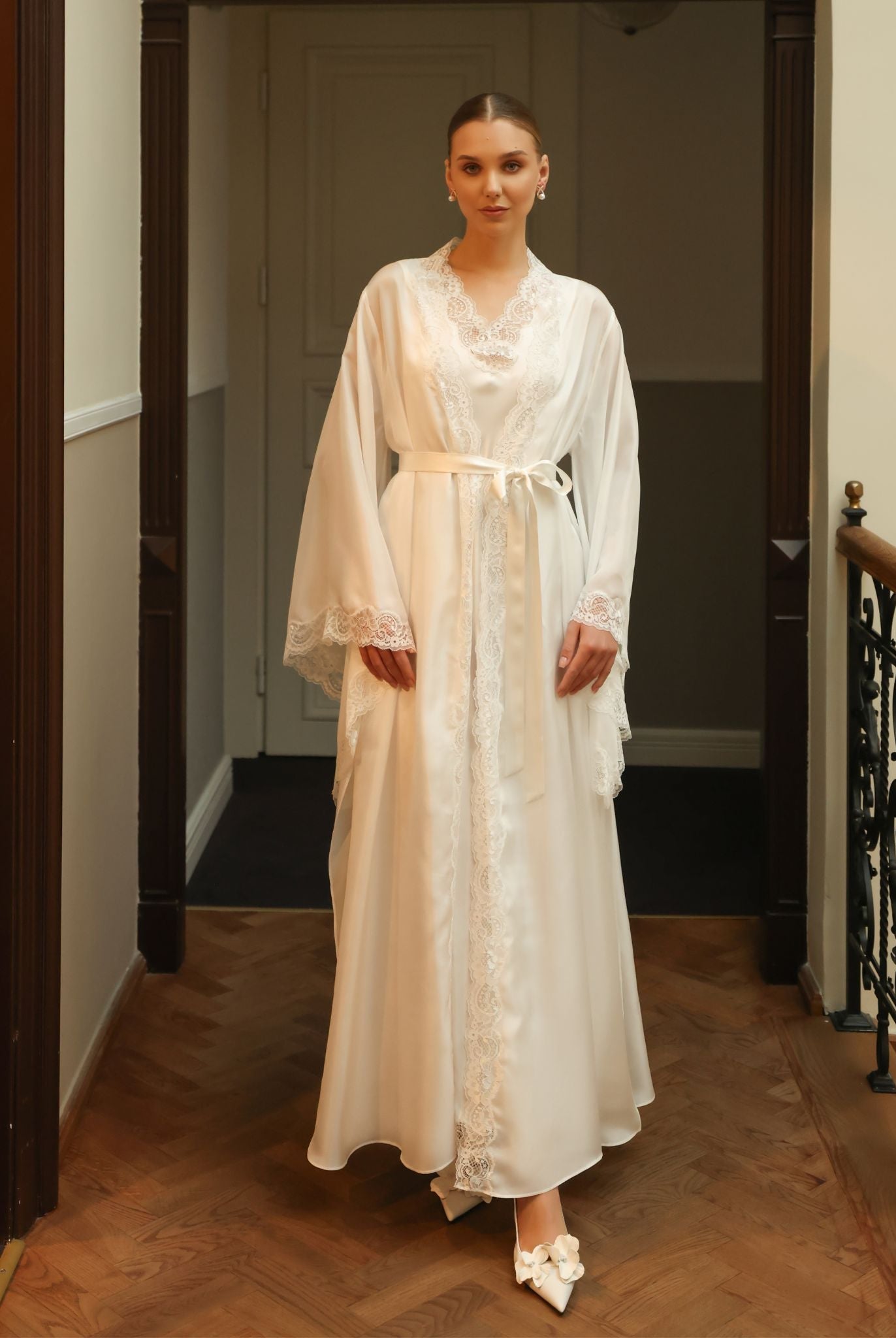 Static full-length view of the elegant silk ensemble, showcasing the smooth satin finish and matching lace trims.