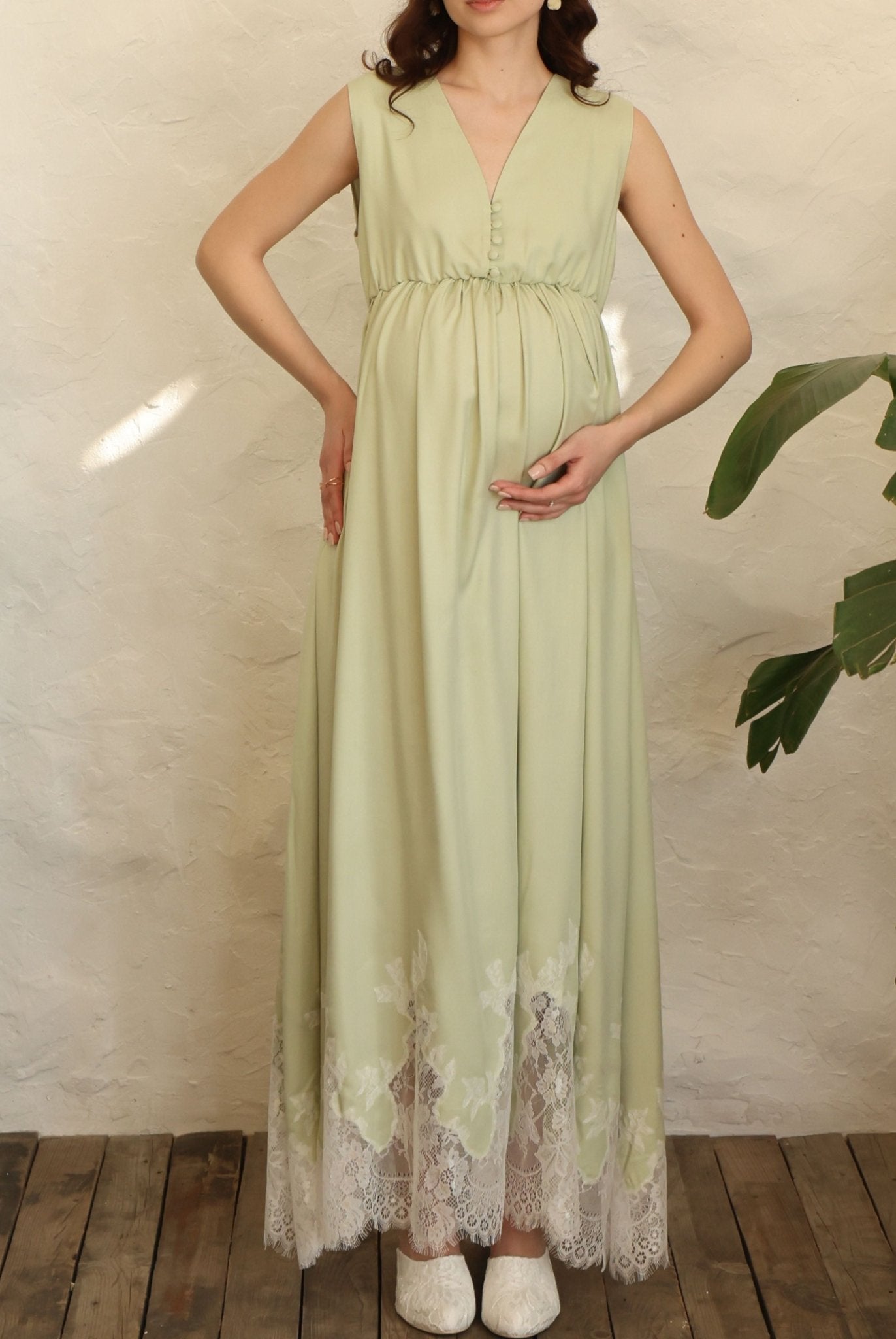 Frontal shot of the sleeveless nightgown, featuring hidden front openings for easy and quick breastfeeding access.