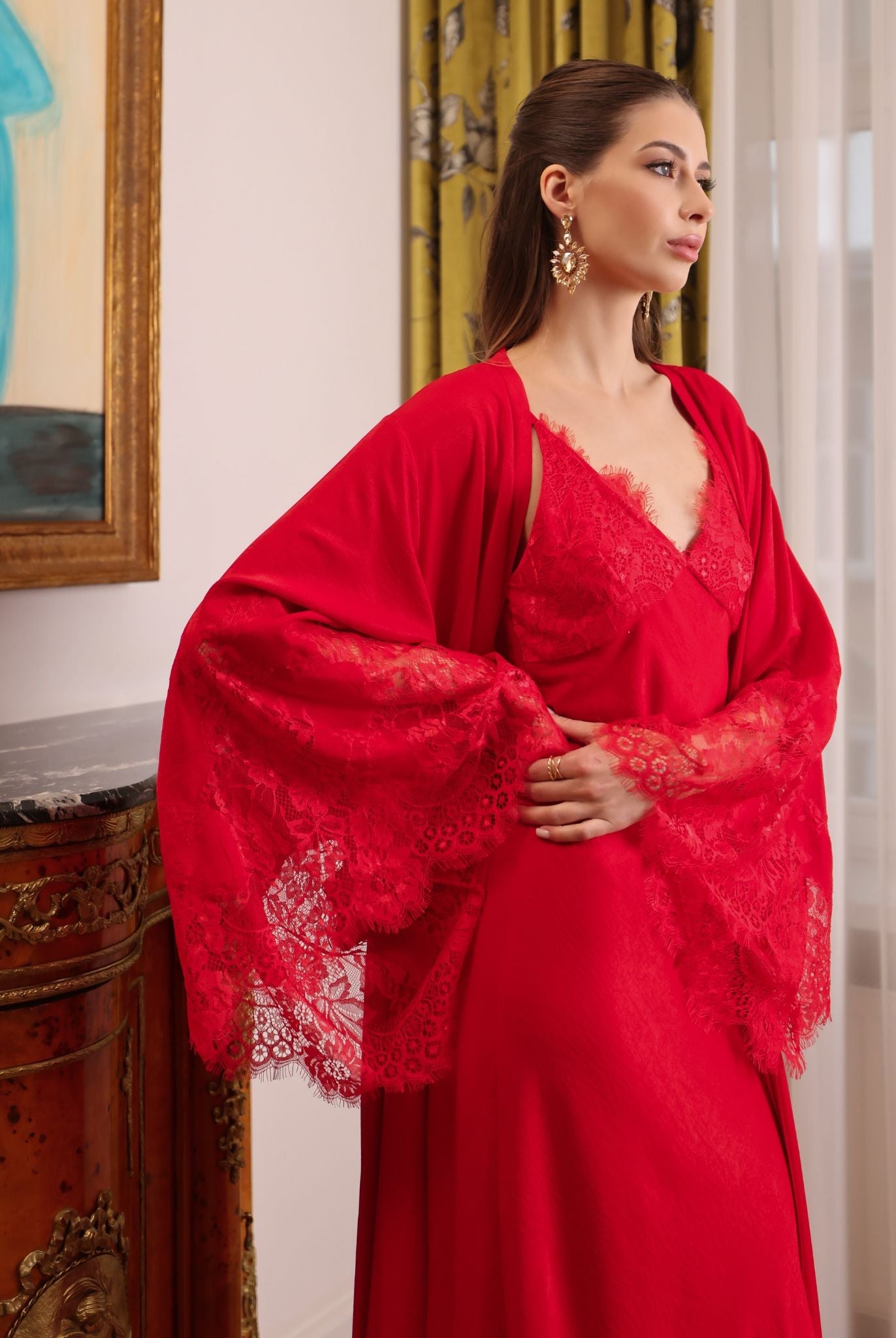 Mid-length shot of the Robe and Nightgown Set, focusing on the wrap-over style and the room to move freely.