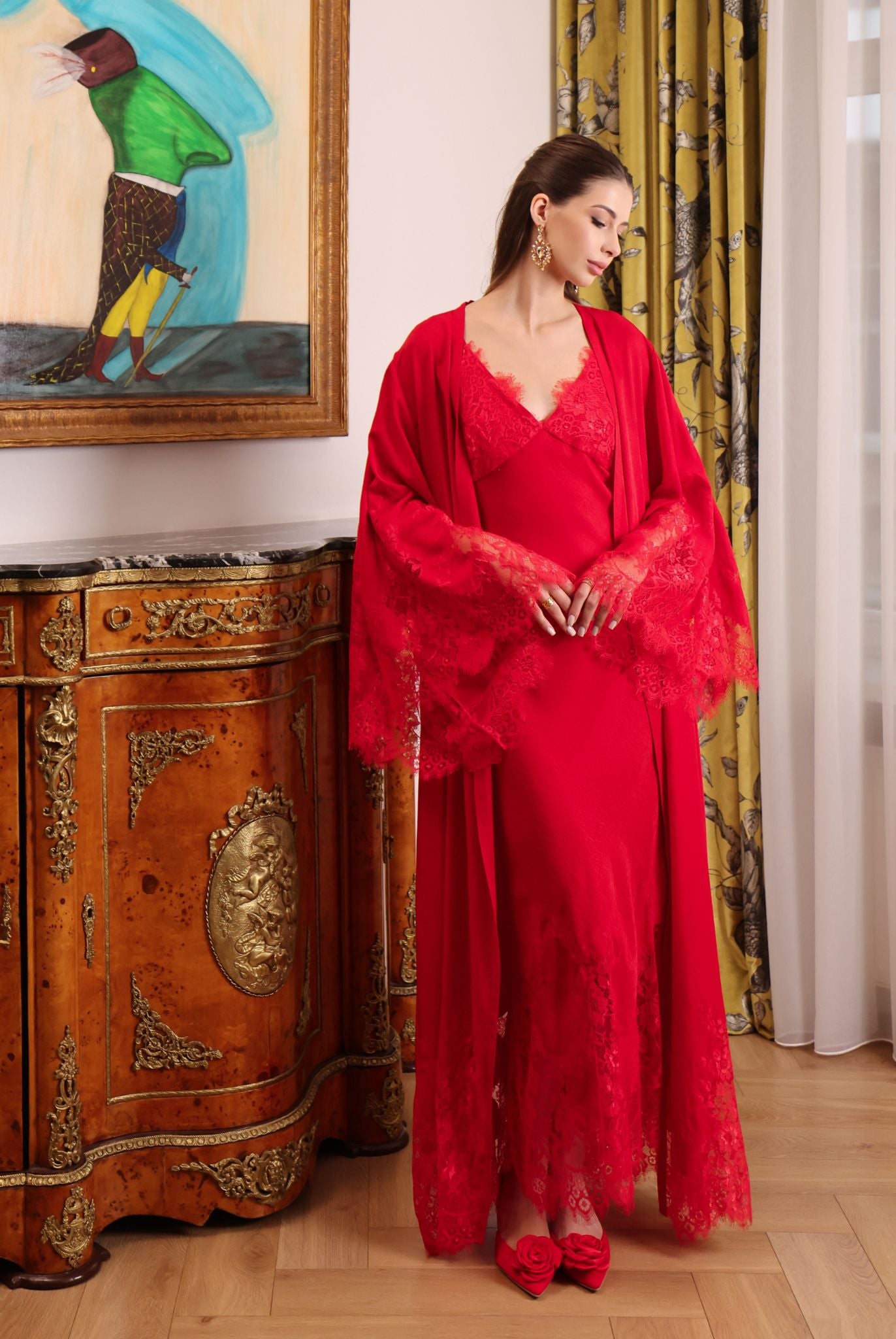 A full-length view of the Robe and Nightgown Set, showcasing the soft cotton-viscose blend and beautiful sleeves.