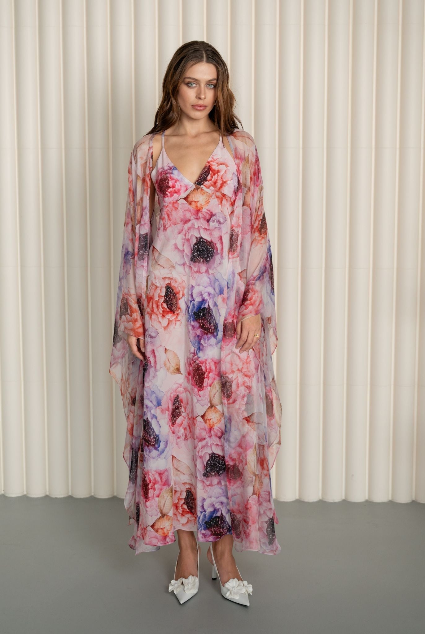 Static pose in the Silk Robe and Nightgown Set, showcasing the luxurious combination of silk crepe and chiffon.