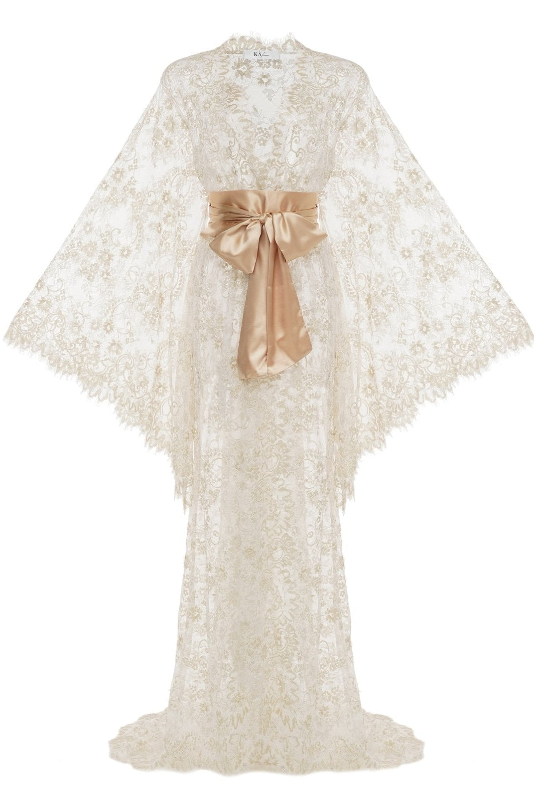 Lace Robe for Bride with wide sleeves, train, and champagne sash – Kafemme